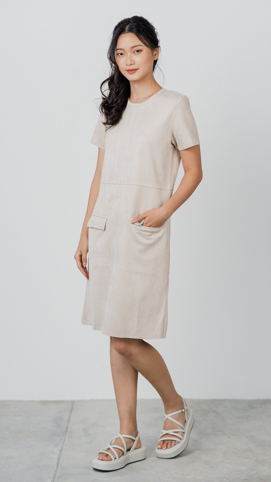 Matilda Suede Shift Dress in Beige [ONLINE ONLY]