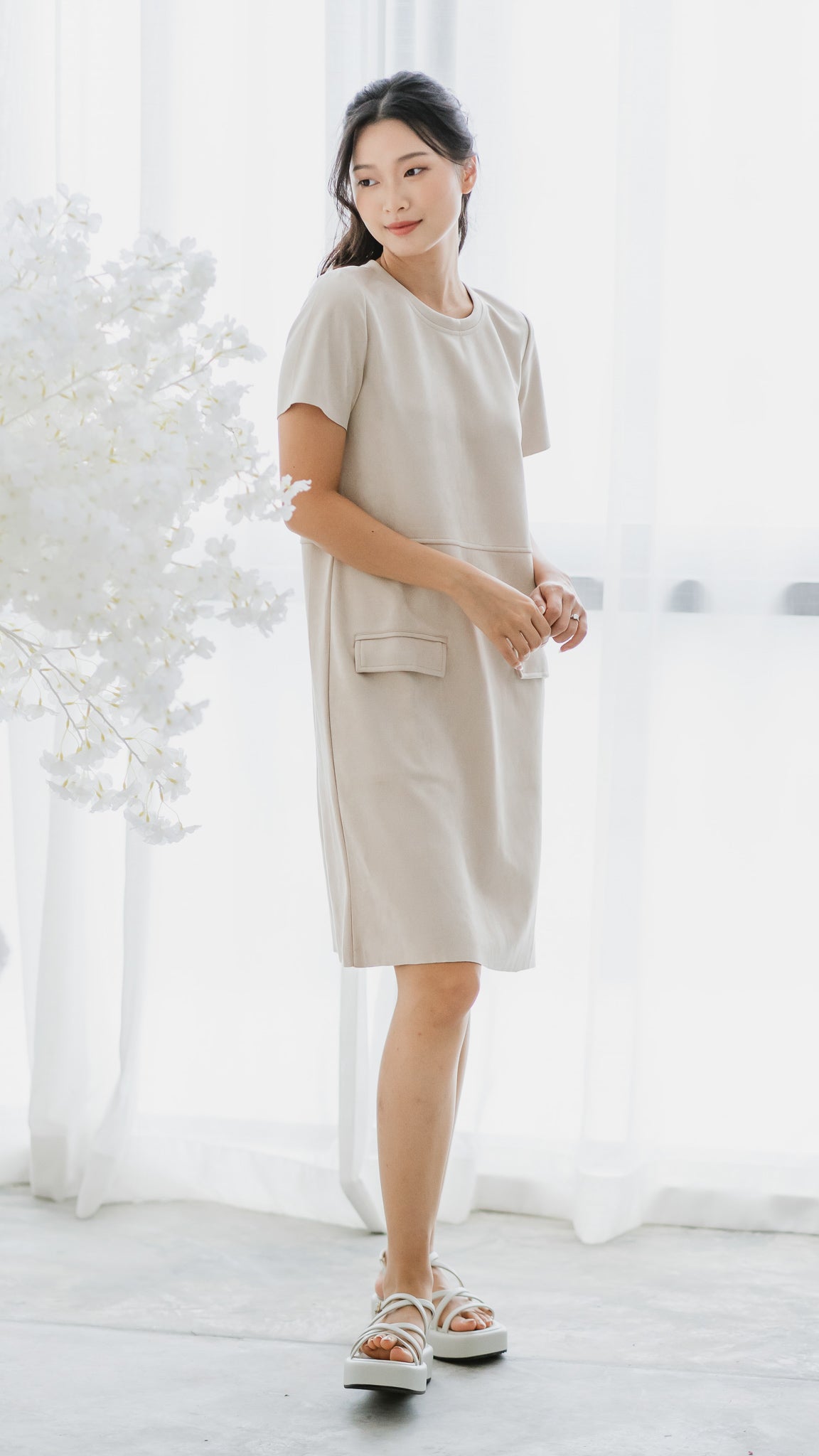 Matilda Suede Shift Dress in Beige [ONLINE ONLY]