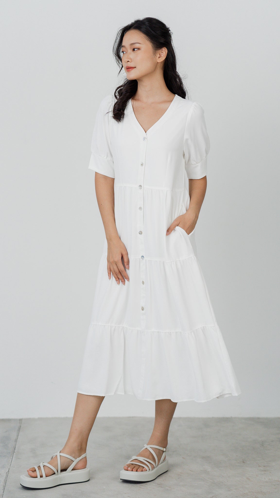 Kai Tiered Sleeved Dress in White [ONLINE ONLY]