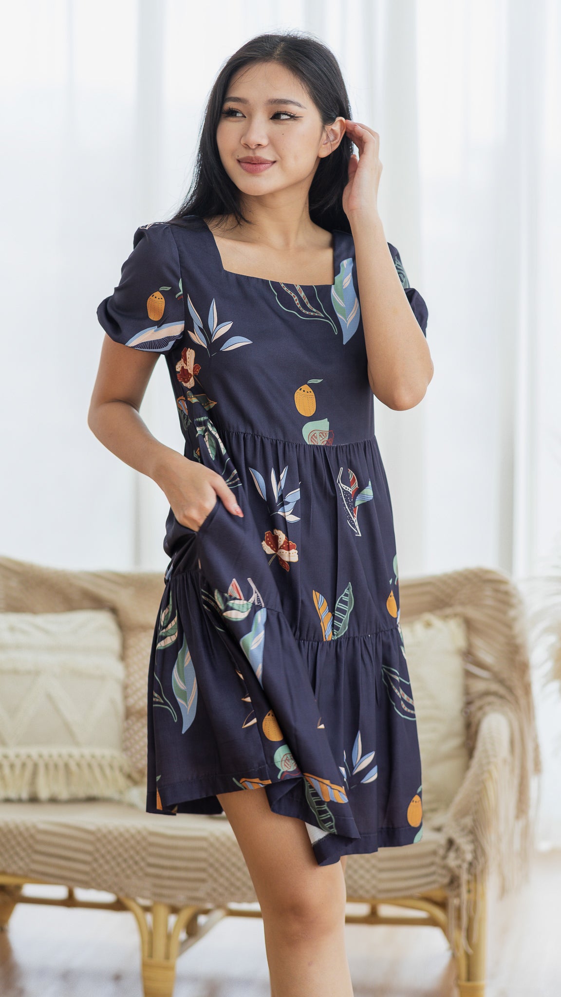 Don't Stop BeLEAFing Tiered Dress in Navy [ONLINE ONLY]