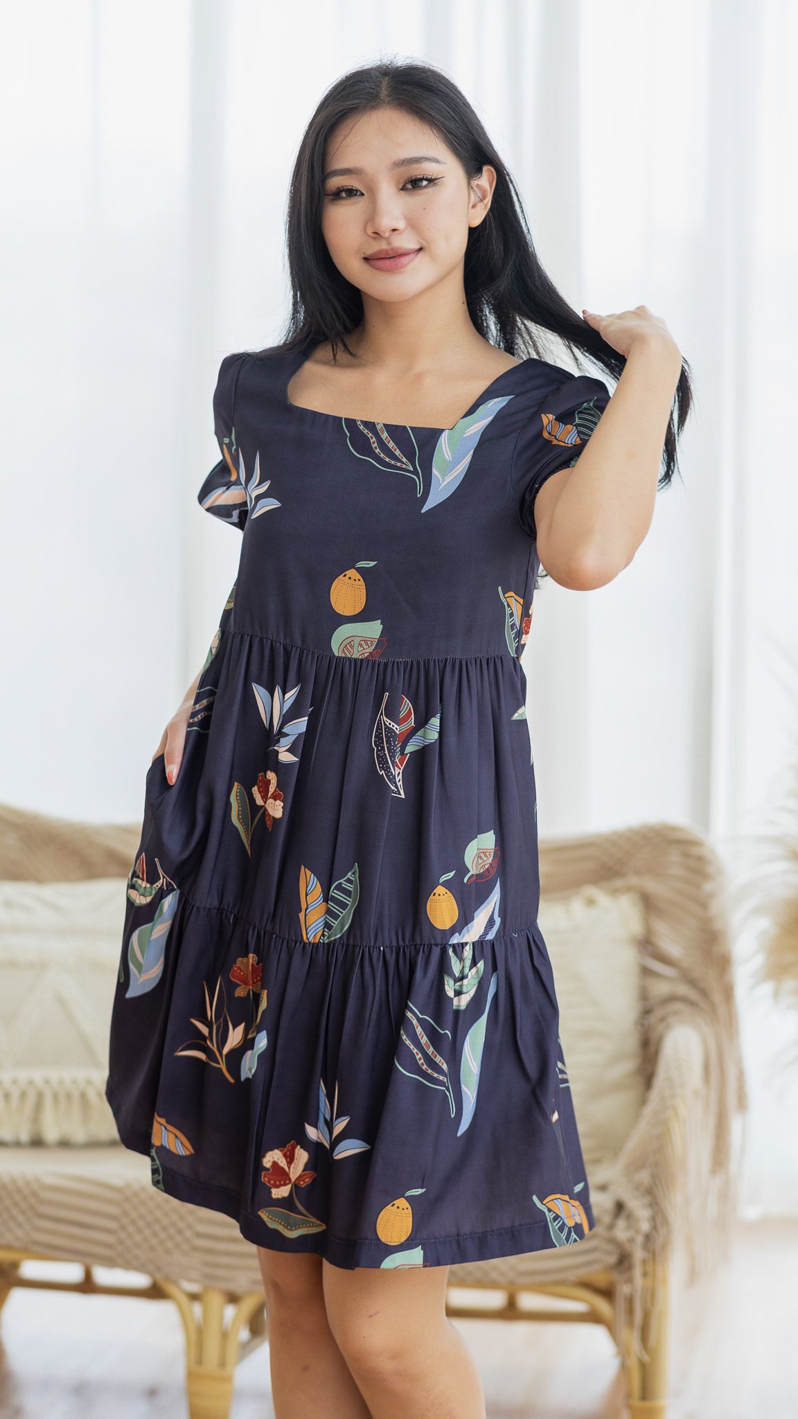 Don't Stop BeLEAFing Tiered Dress in Navy [ONLINE ONLY]