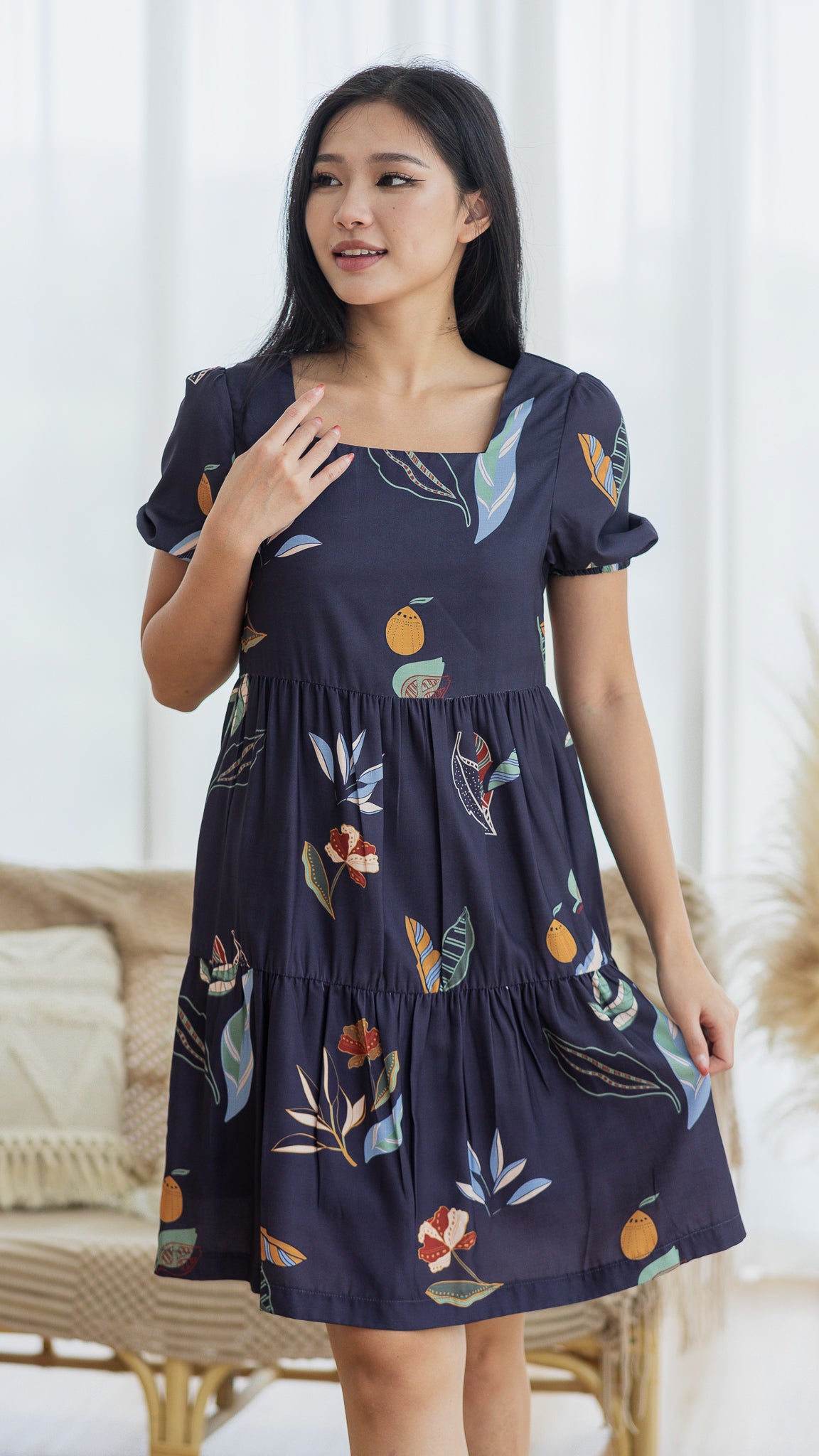 Don't Stop BeLEAFing Tiered Dress in Navy [ONLINE ONLY]