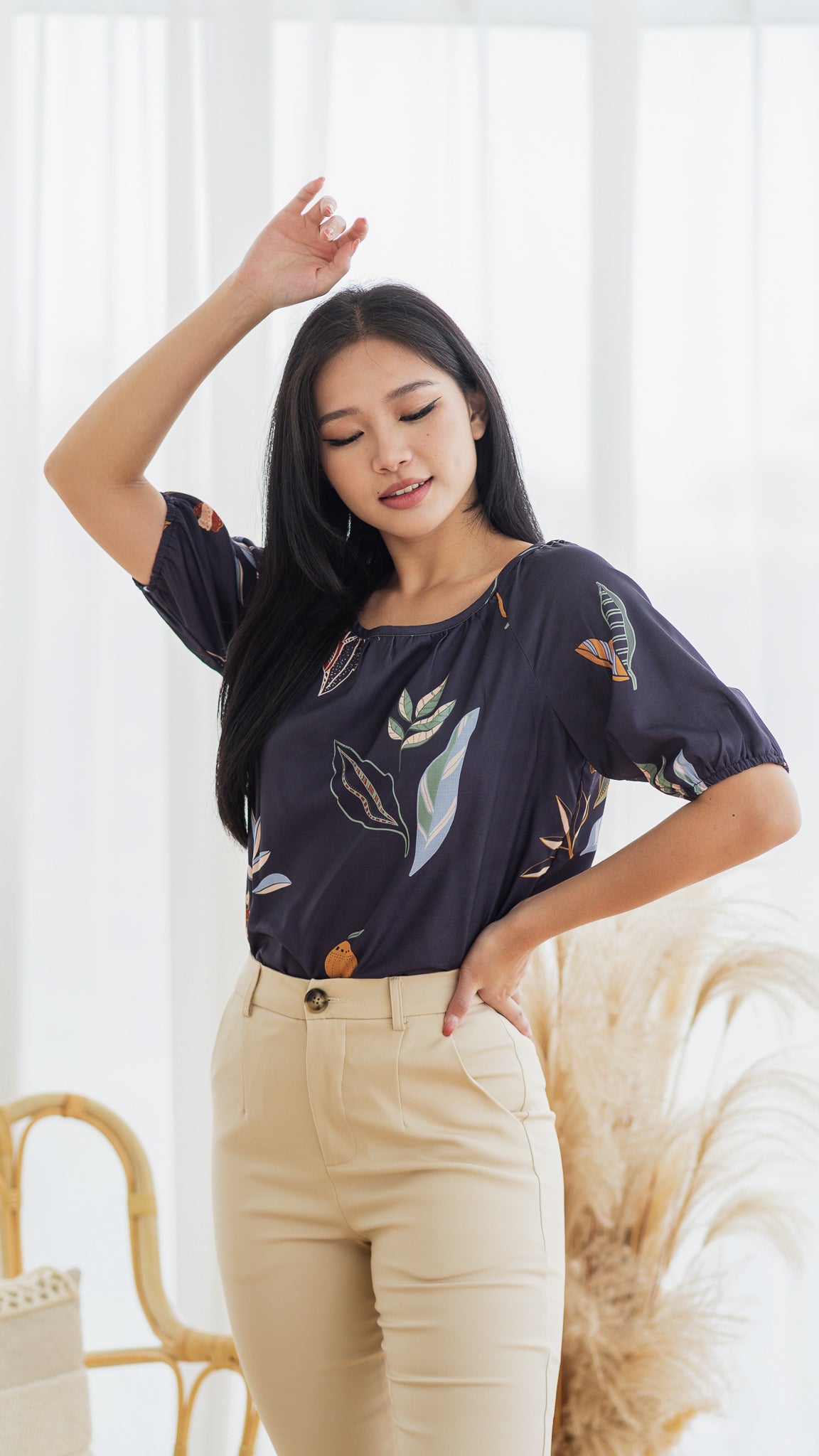 Don't Stop BeLEAFing Sleeved Blouse in Navy [ONLINE ONLY]