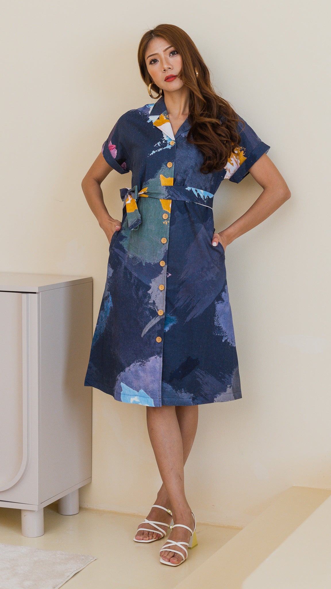 Life On A Canvas Linen Camp Collar Dress in Navy