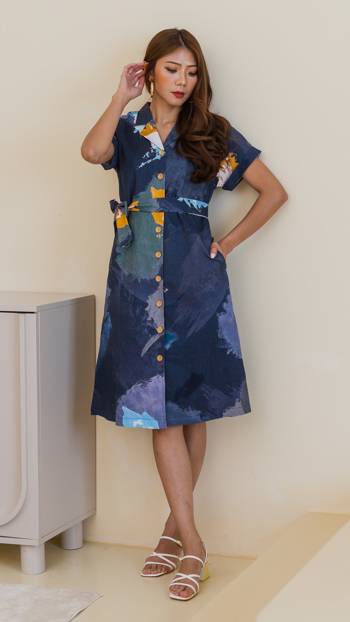 Life On A Canvas Linen Camp Collar Dress in Navy