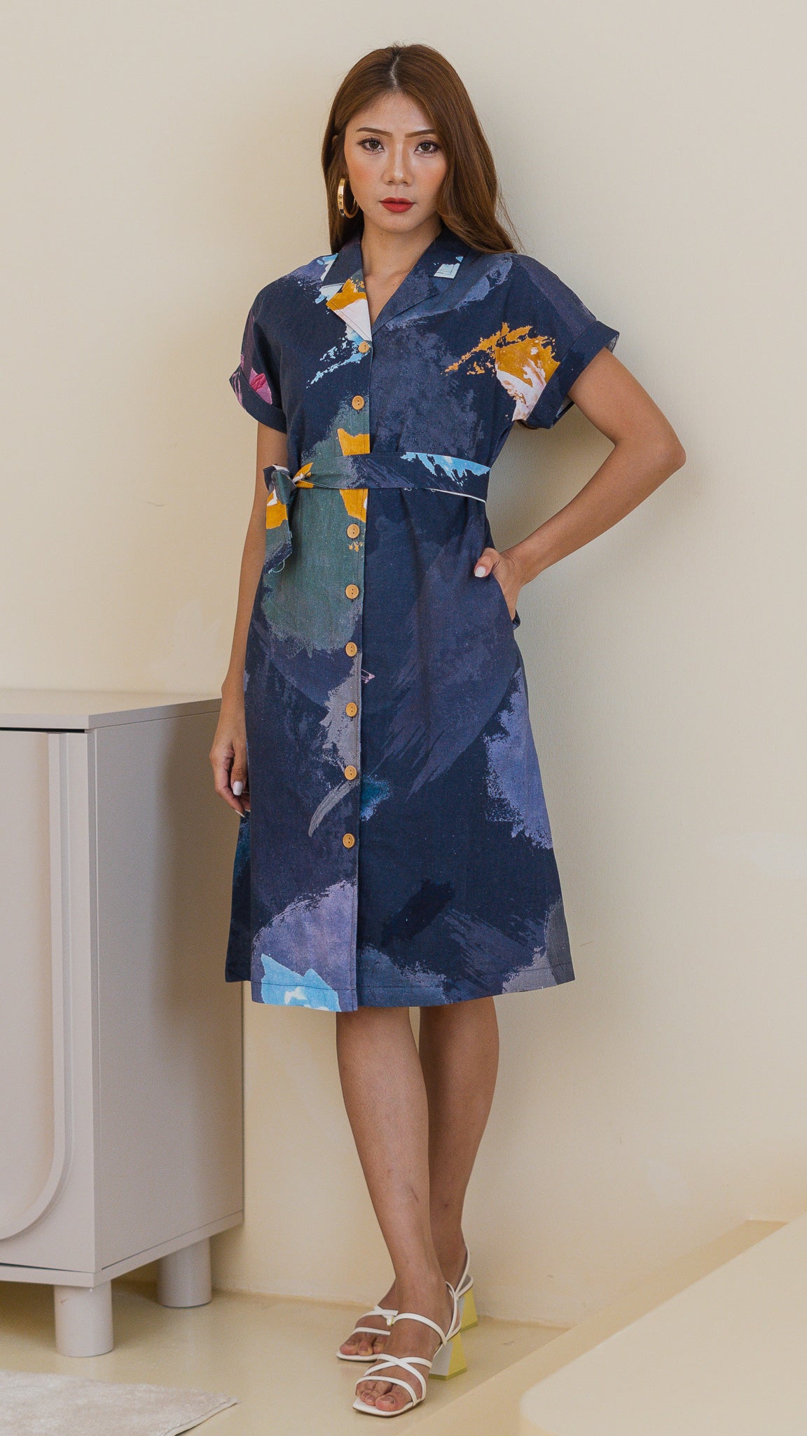 Life On A Canvas Linen Camp Collar Dress in Navy