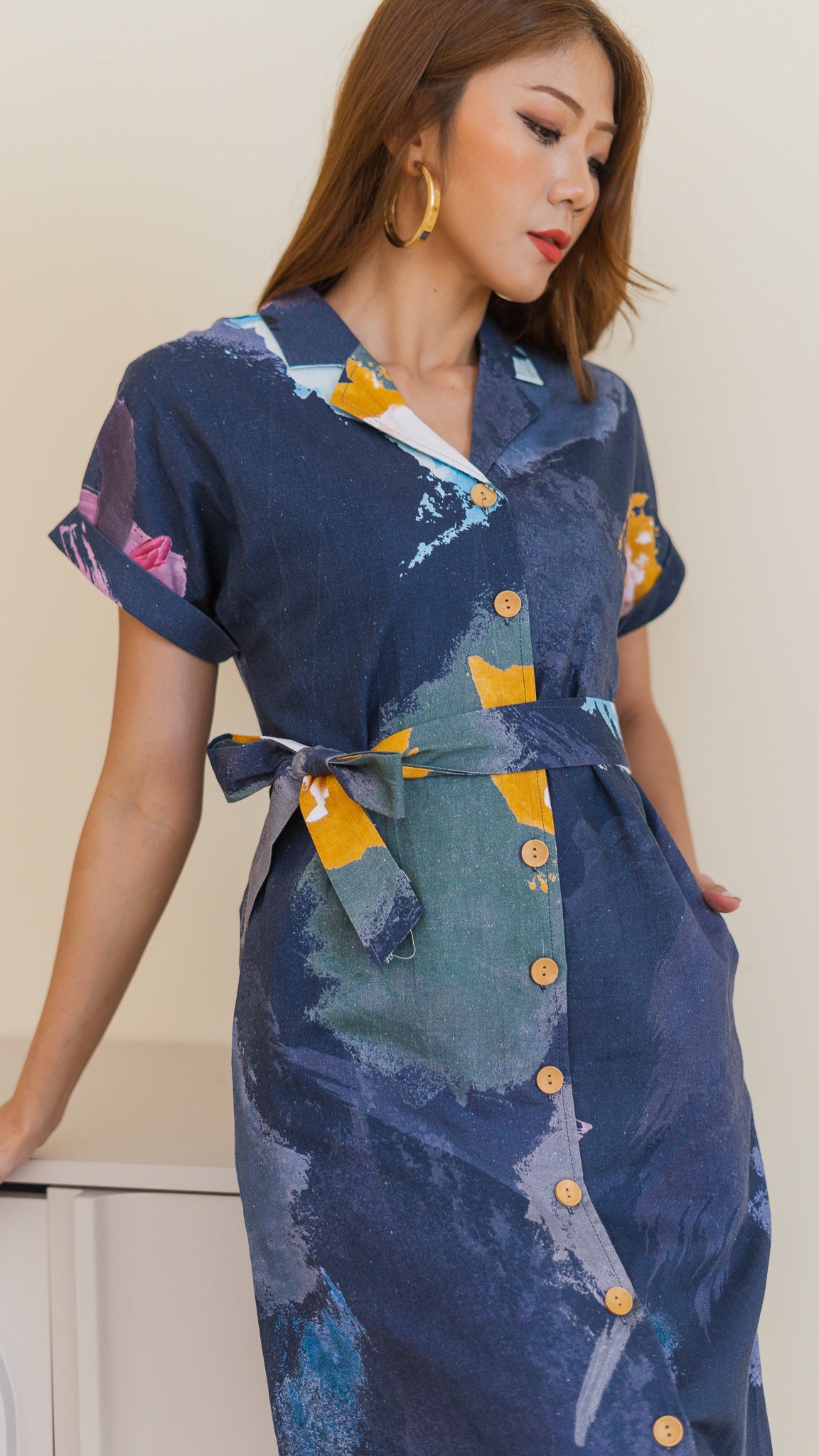 Life On A Canvas Linen Camp Collar Dress in Navy