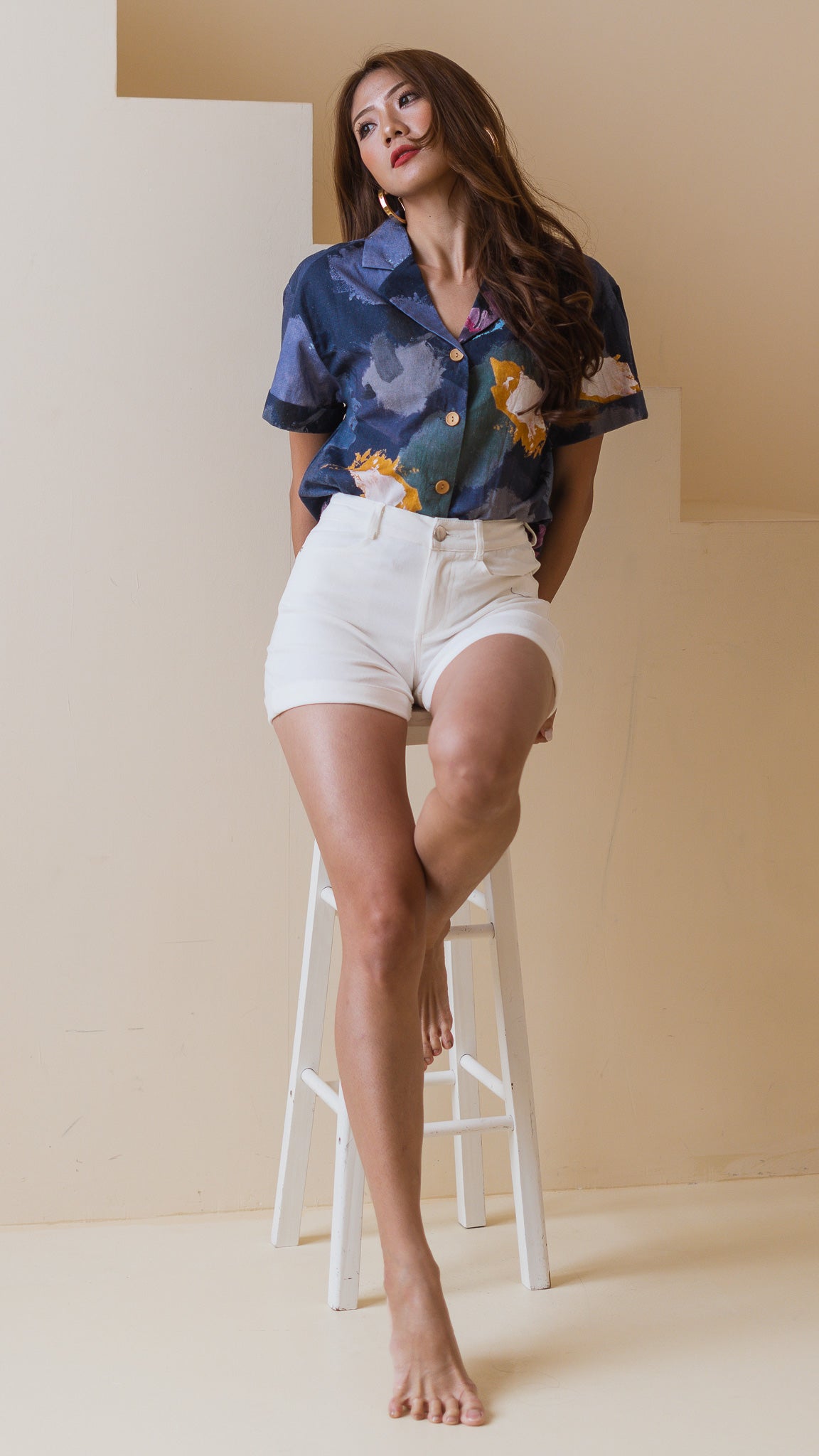 Life On A Canvas Linen Camp Collar Blouse in Navy