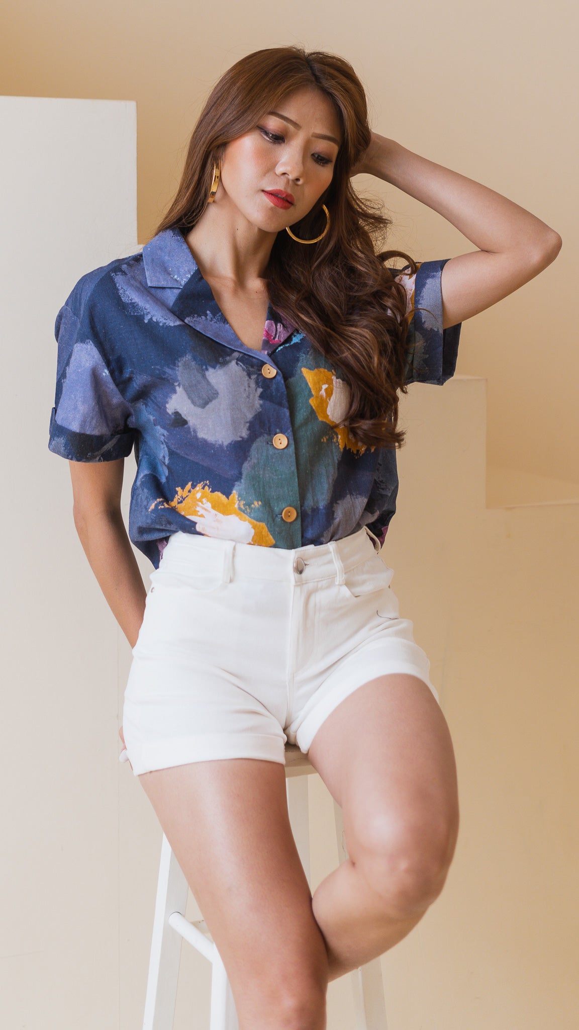 Life On A Canvas Linen Camp Collar Blouse in Navy