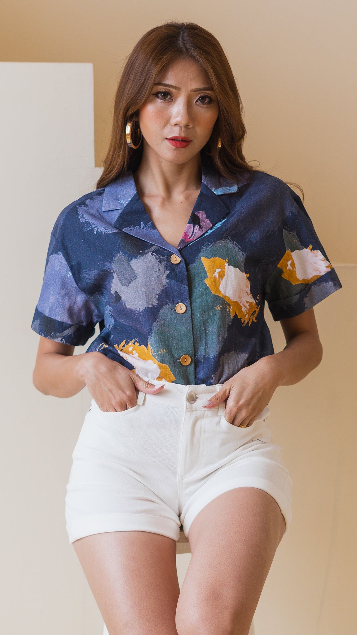 Life On A Canvas Linen Camp Collar Blouse in Navy