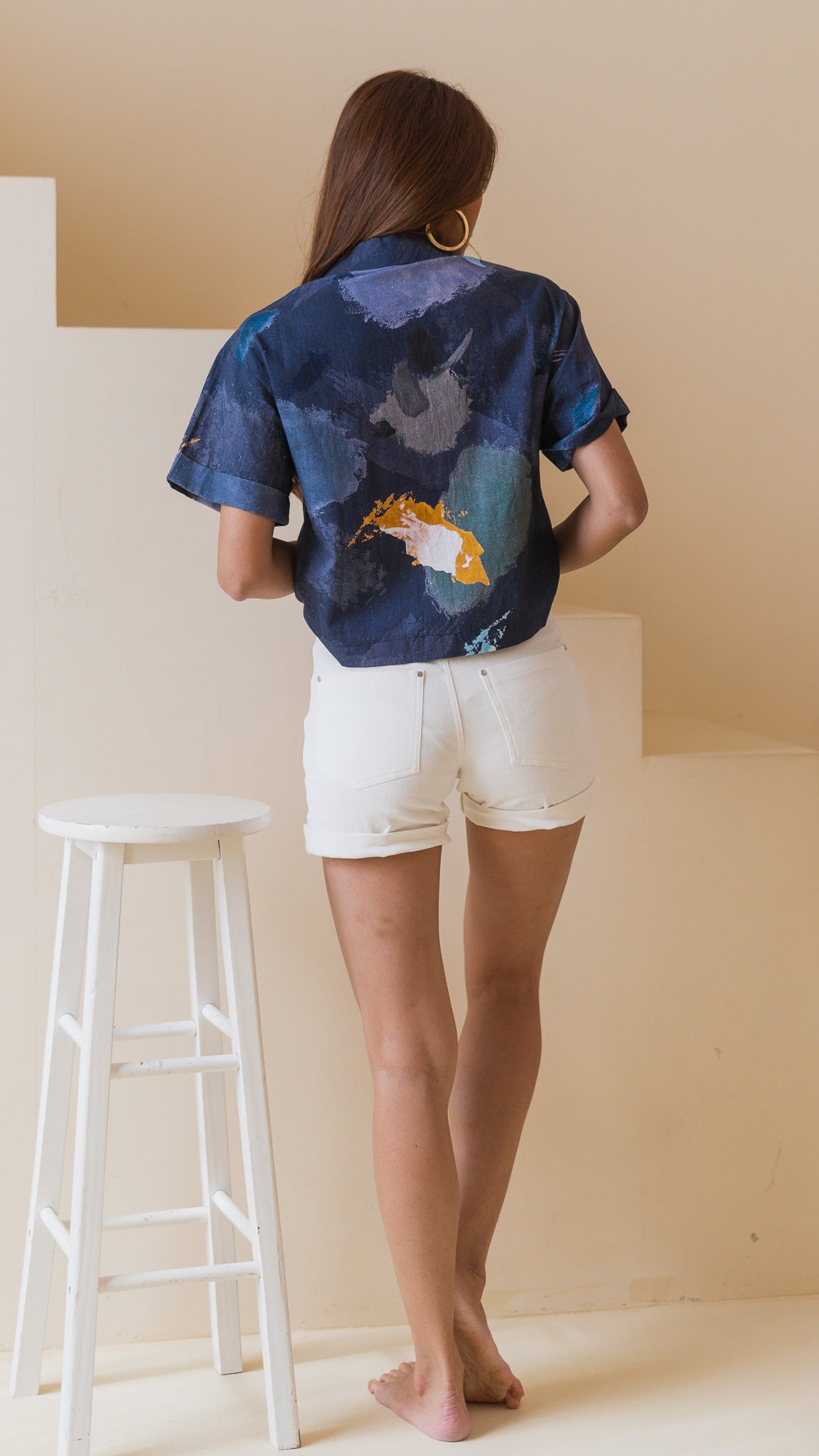 Life On A Canvas Linen Camp Collar Blouse in Navy