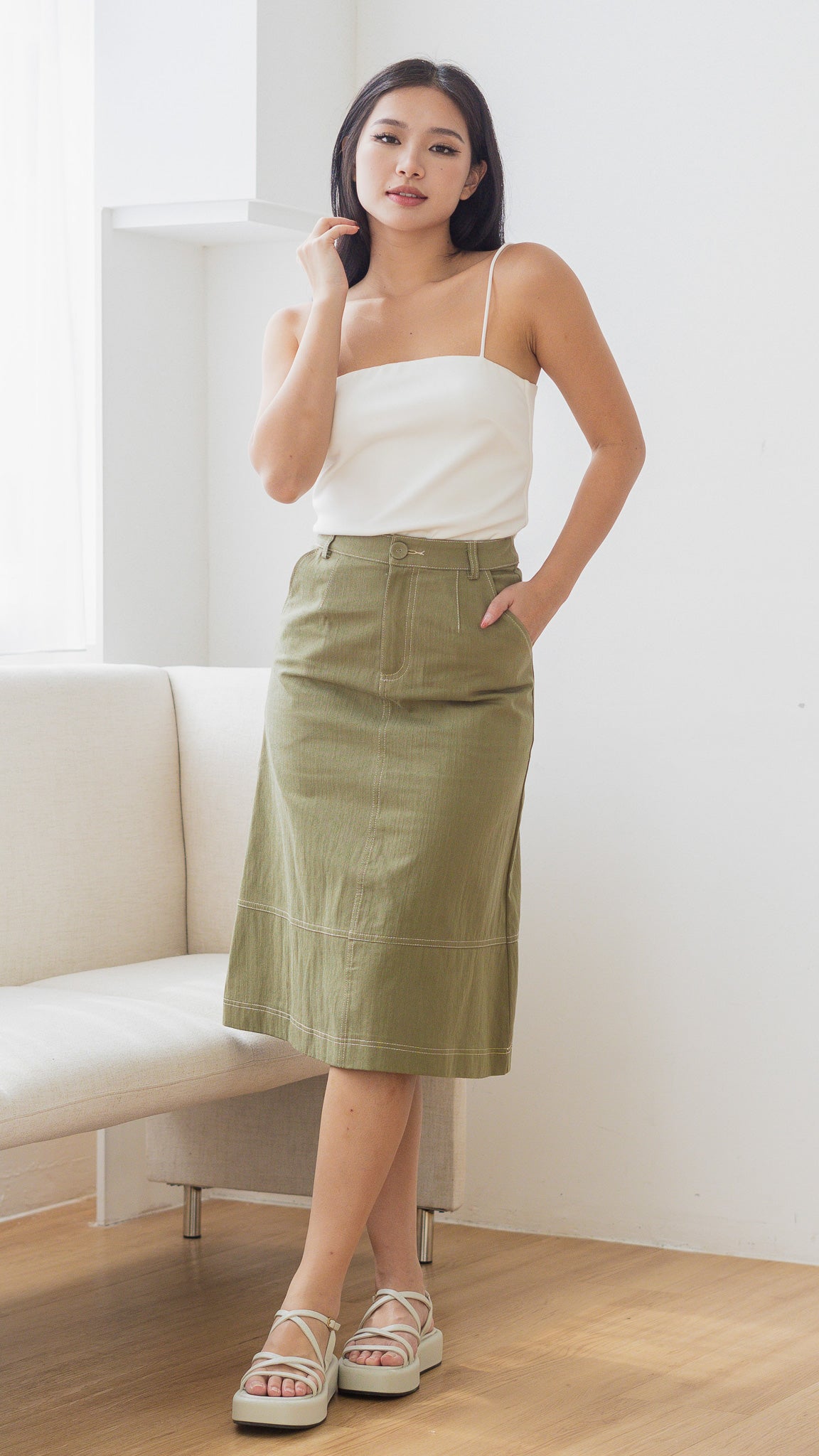 Havana Contrast Stitch Midi Skirt in Army Green [ONLINE ONLY]