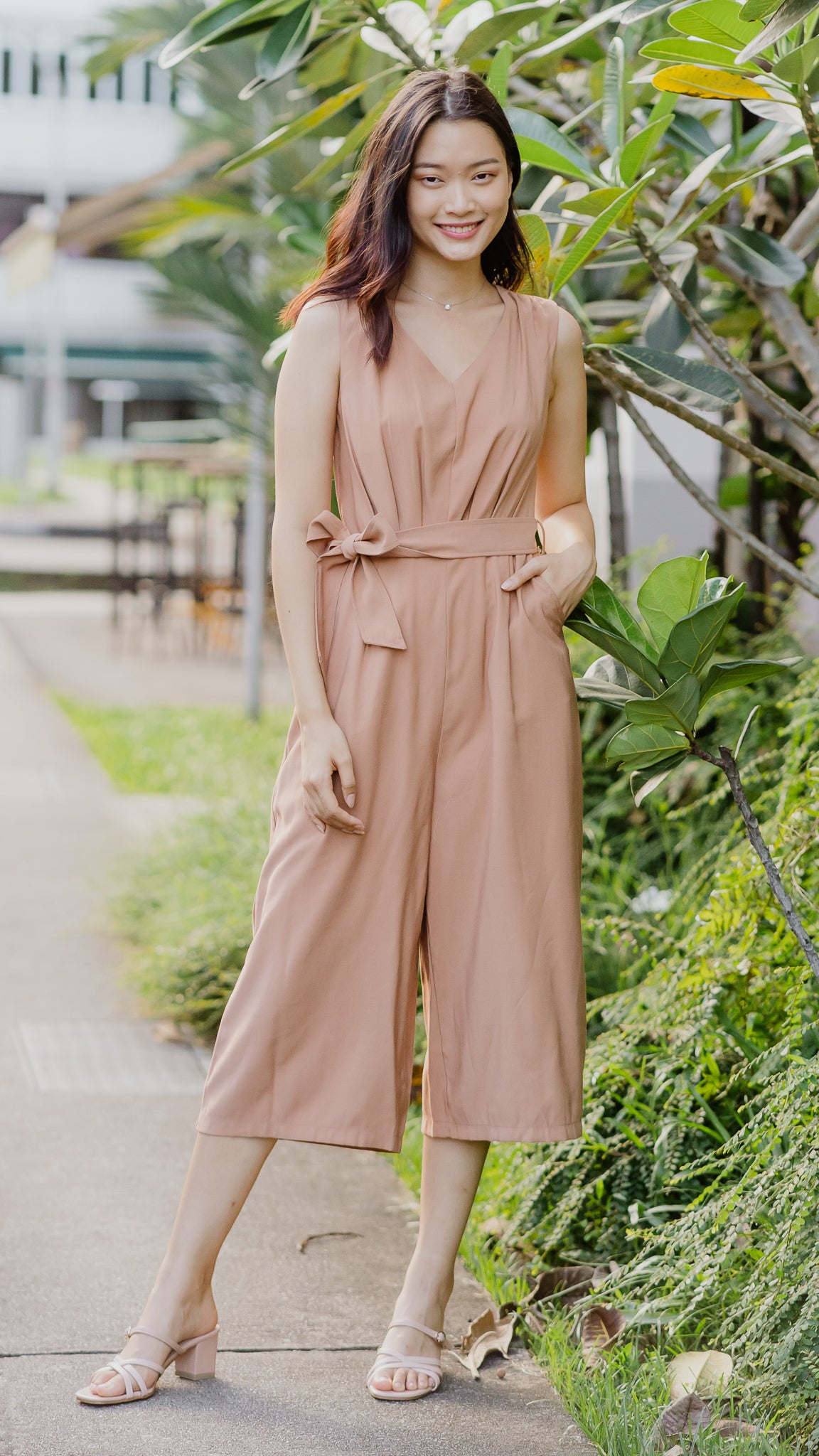 Cassie Pleat Detail Jumpsuit in Camel