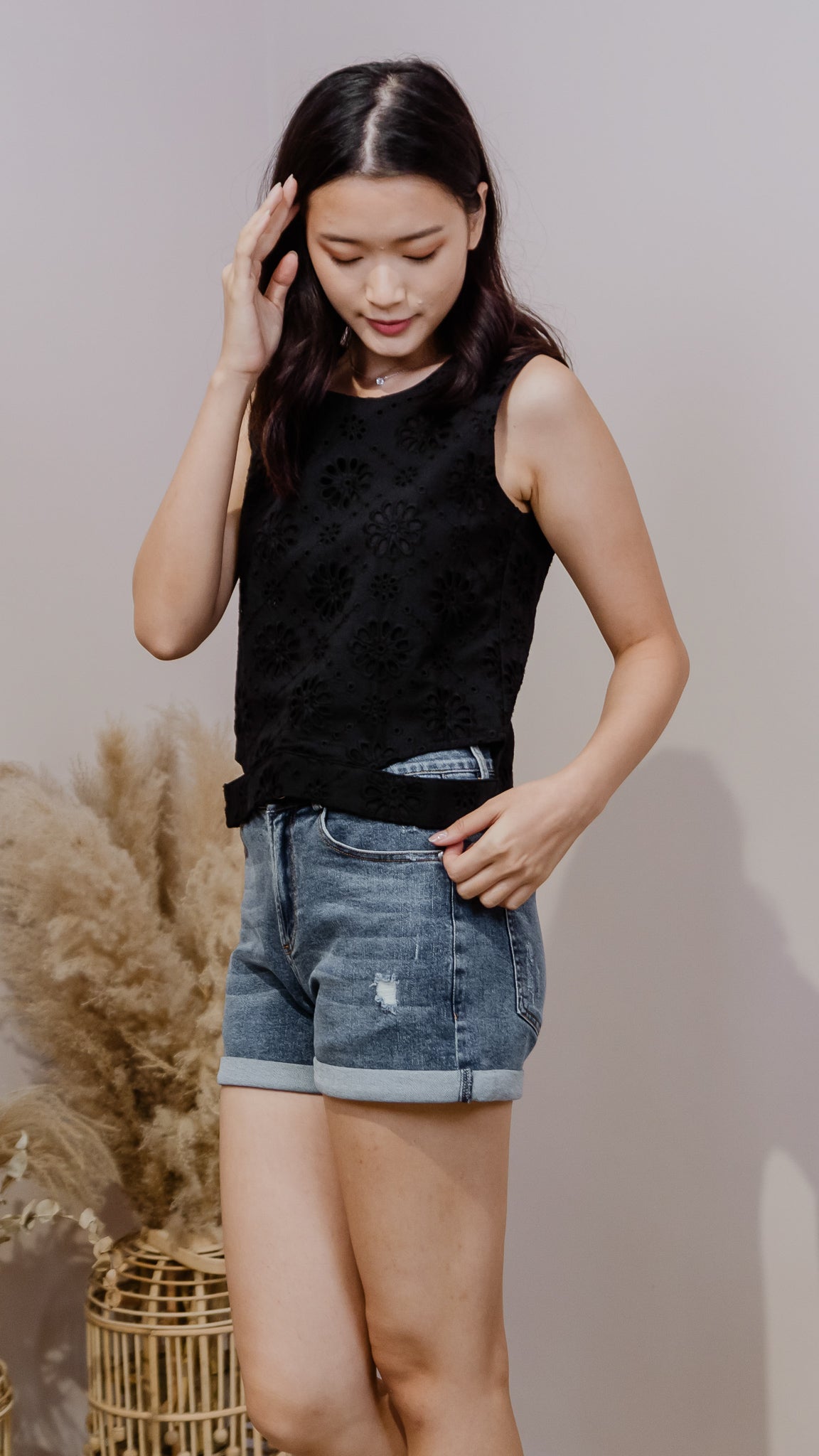 Livia Eyelet Cut Out Crop Top in Black [ONLINE ONLY]