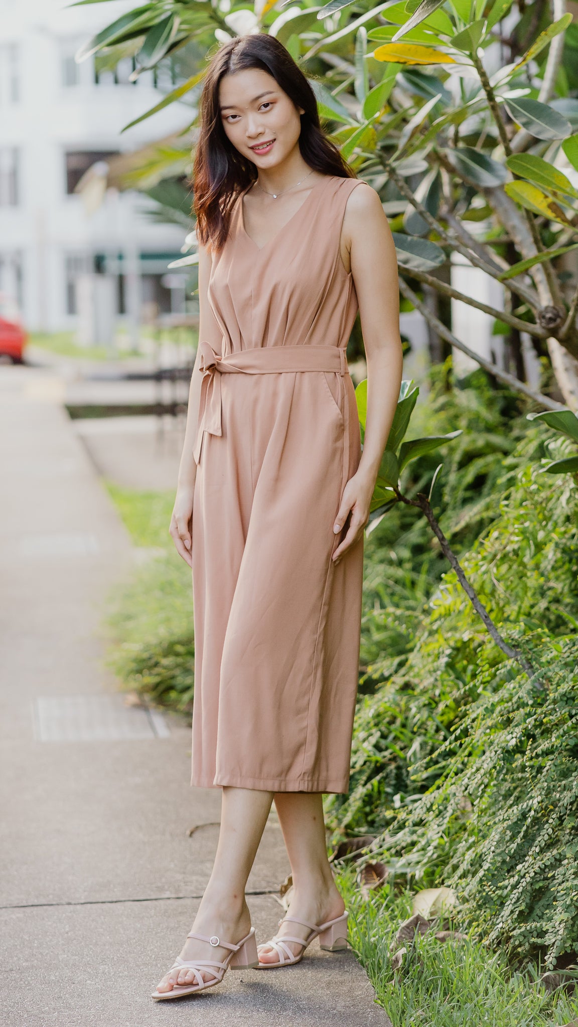 Cassie Pleat Detail Jumpsuit in Camel
