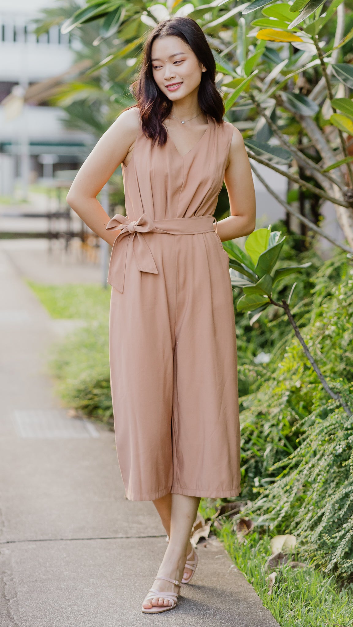 Cassie Pleat Detail Jumpsuit in Camel