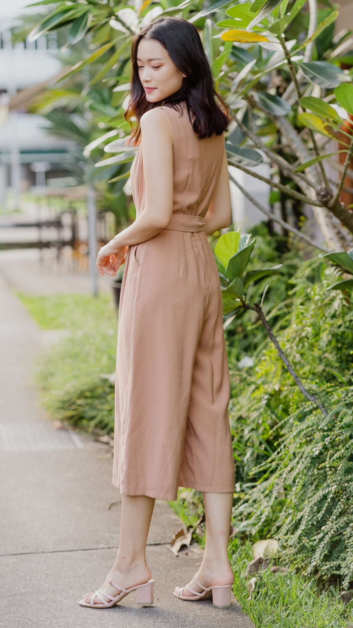 Cassie Pleat Detail Jumpsuit in Camel