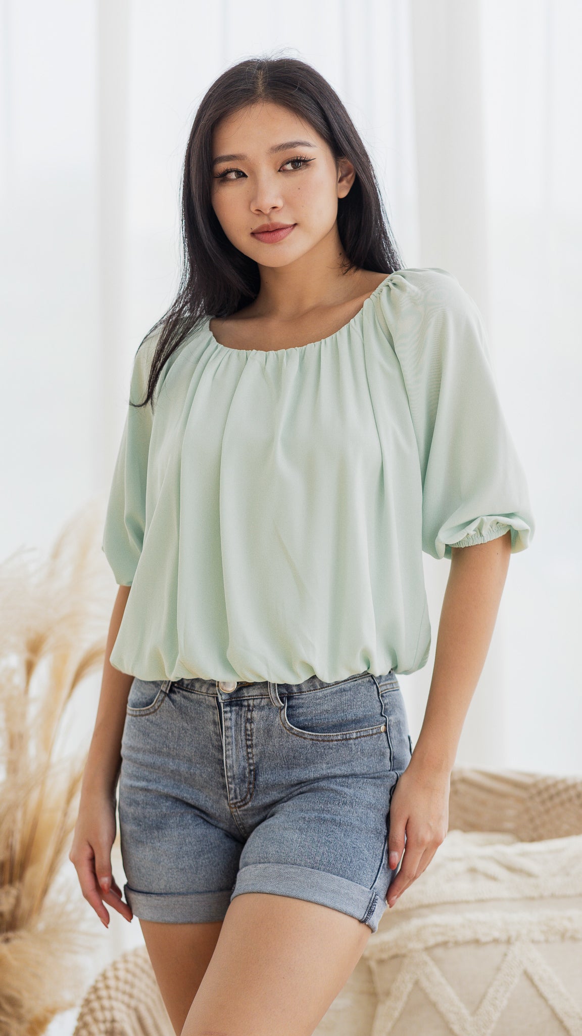 Athena Pleat Detail Blouse in Green [ONLINE ONLY]