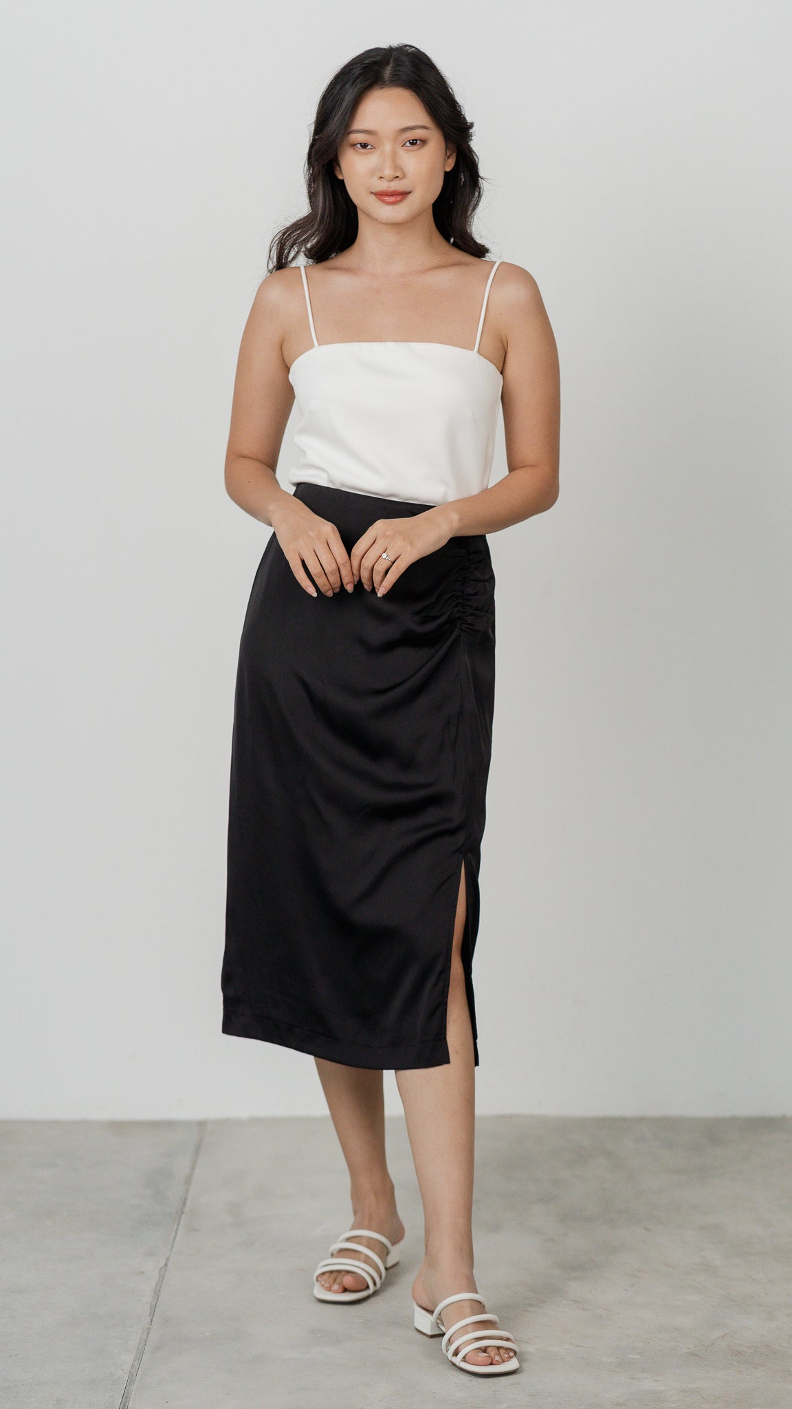 Thea Slit Midi Satin Skirt in Black [ONLINE ONLY]