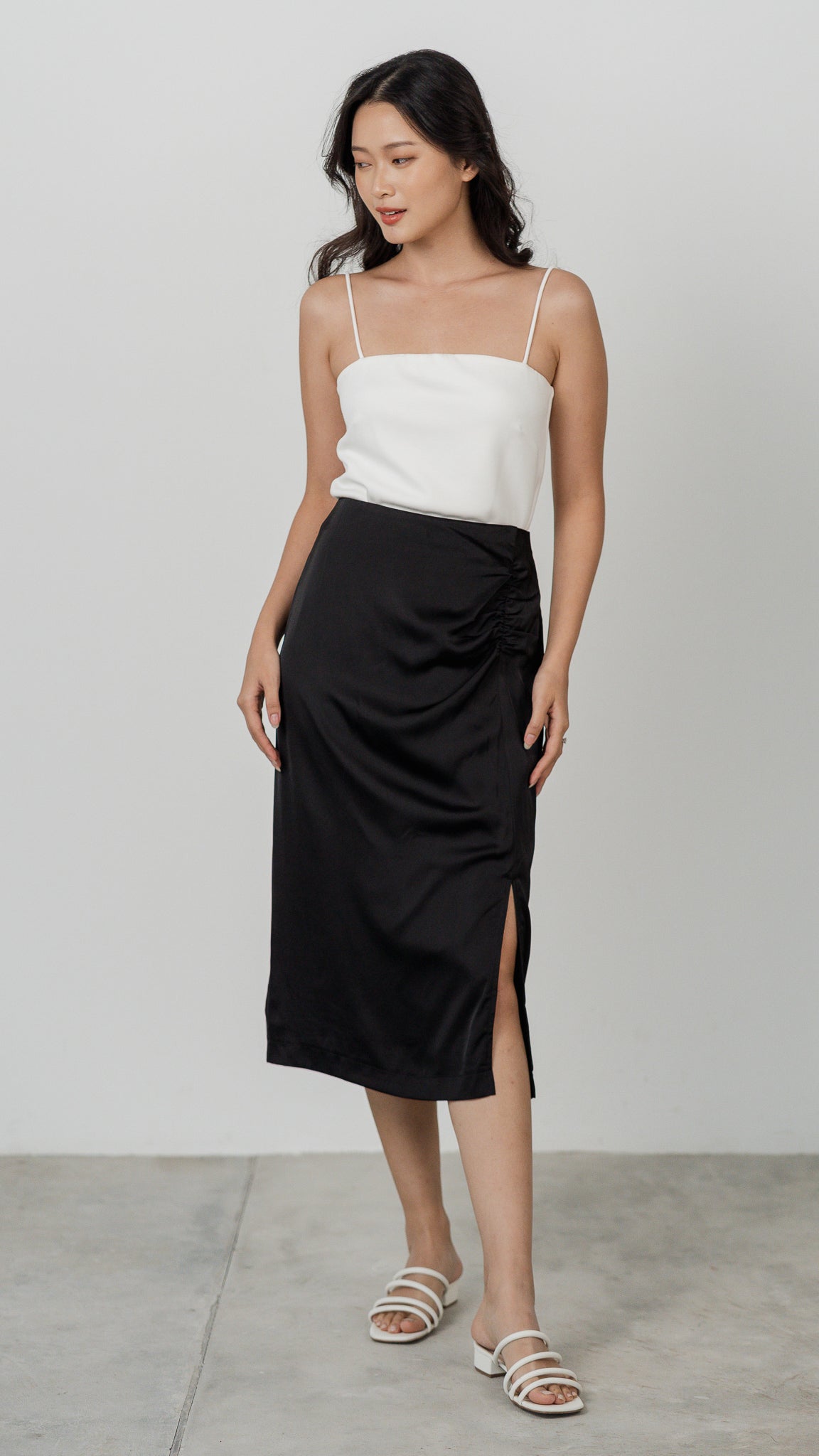 Thea Slit Midi Satin Skirt in Black [ONLINE ONLY]