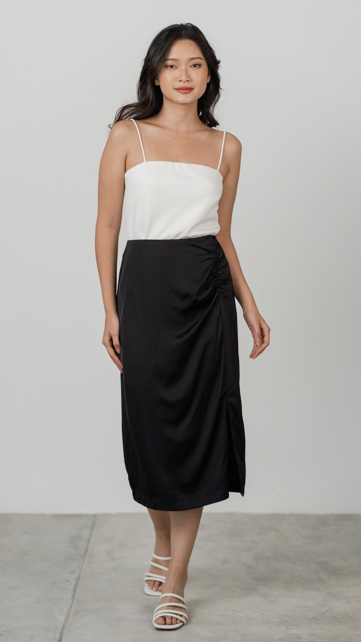 Thea Slit Midi Satin Skirt in Black [ONLINE ONLY]