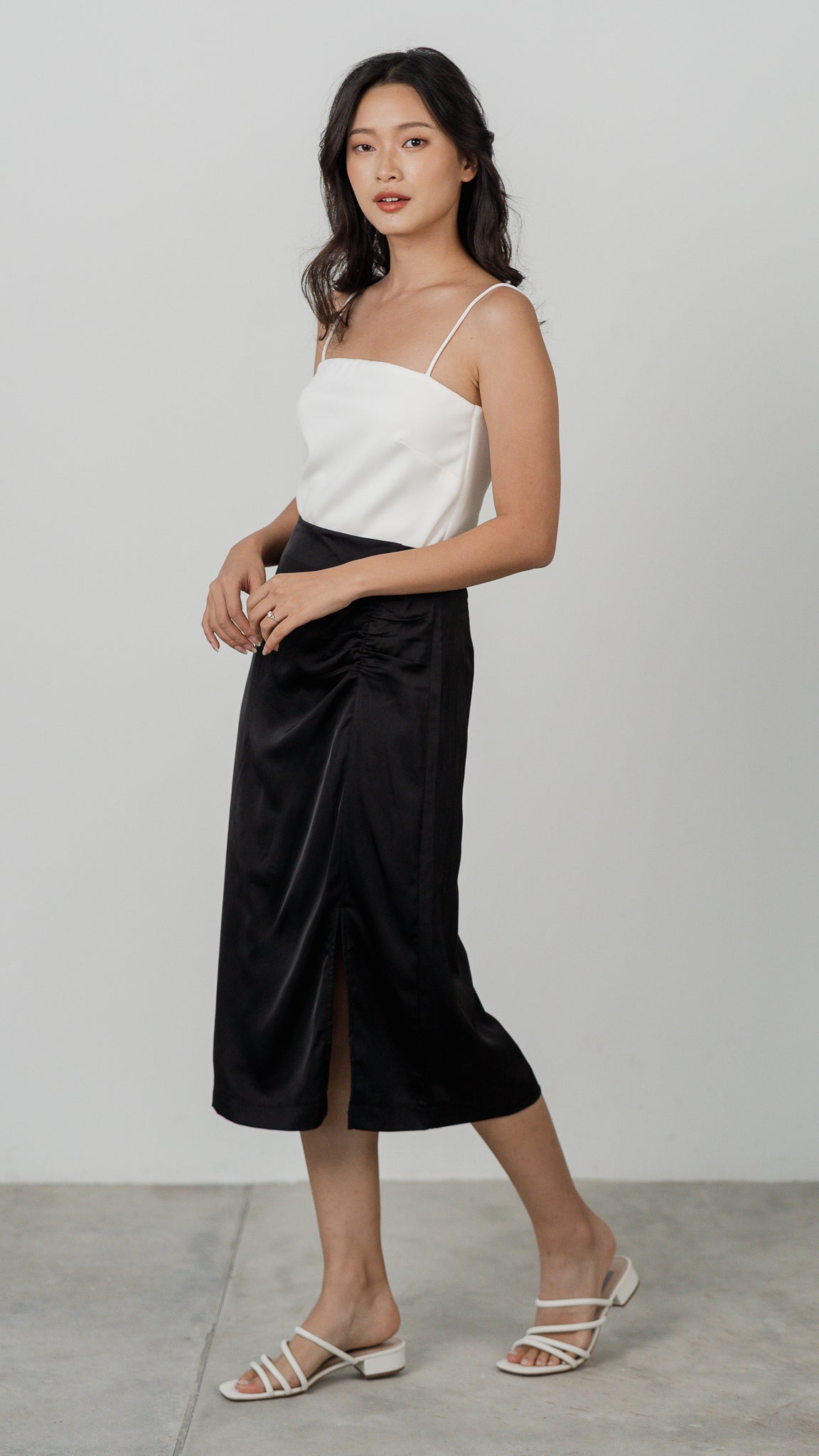 Thea Slit Midi Satin Skirt in Black [ONLINE ONLY]