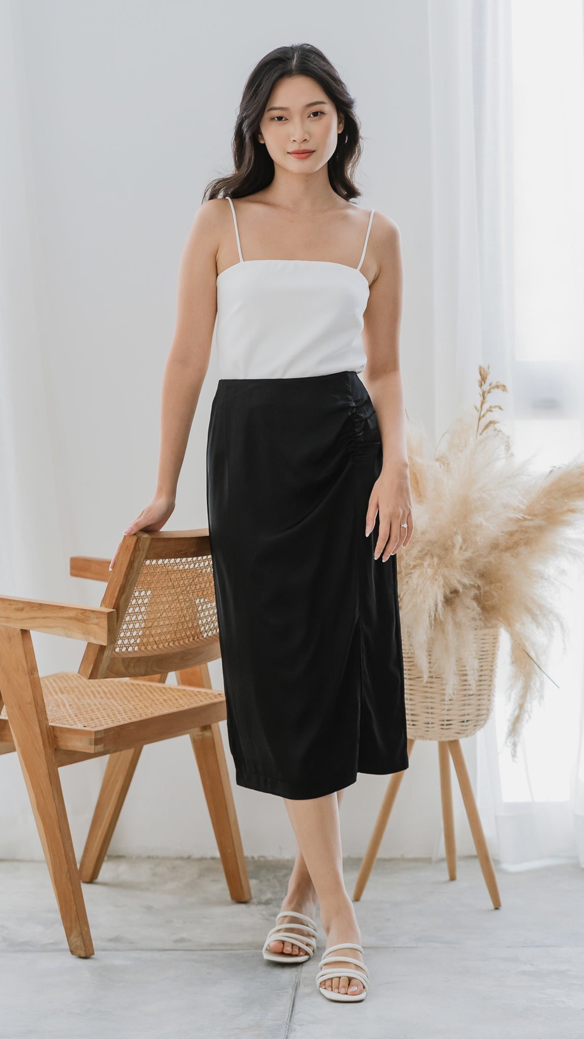 Thea Slit Midi Satin Skirt in Black [ONLINE ONLY]