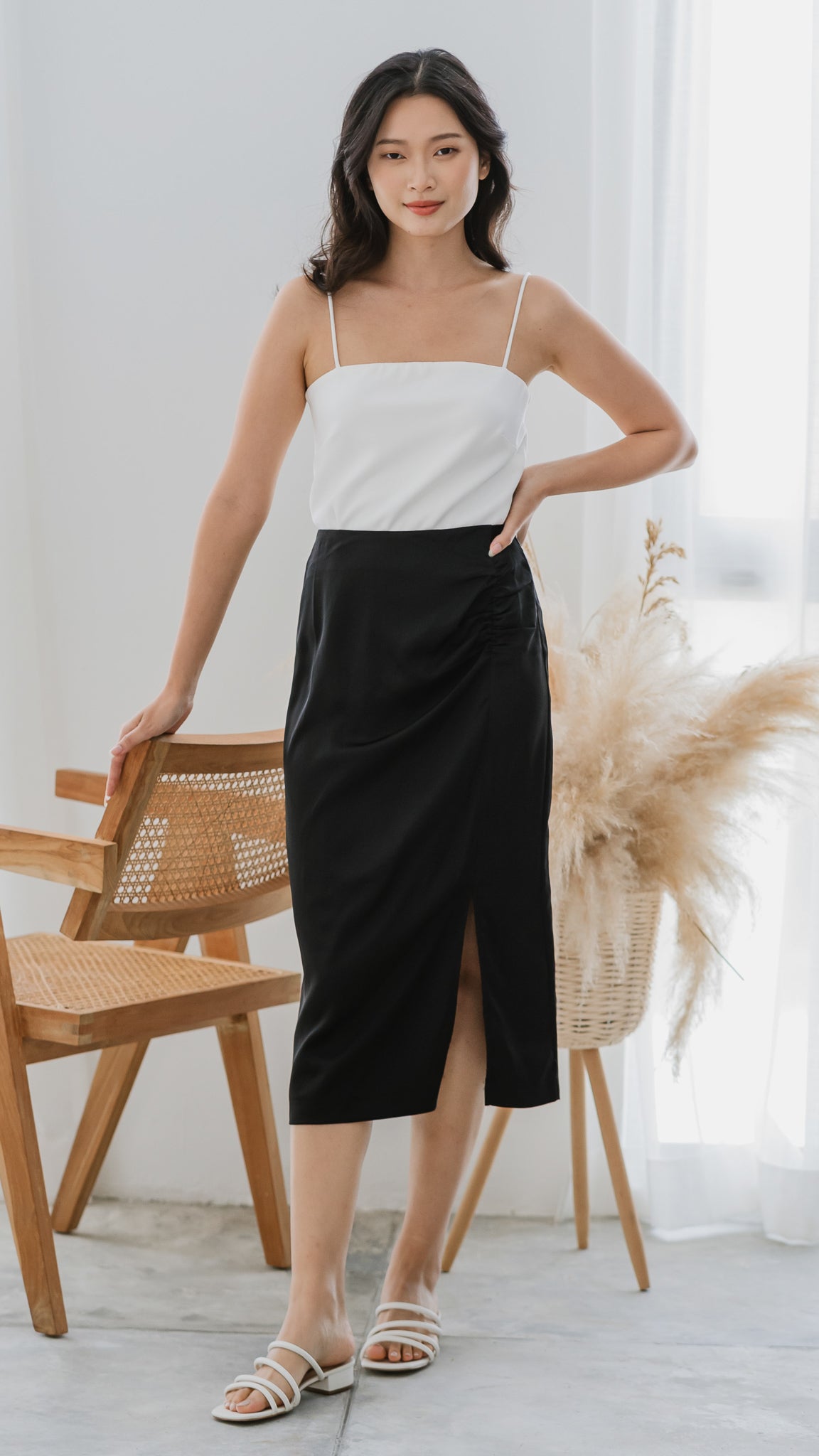Thea Slit Midi Satin Skirt in Black [ONLINE ONLY]