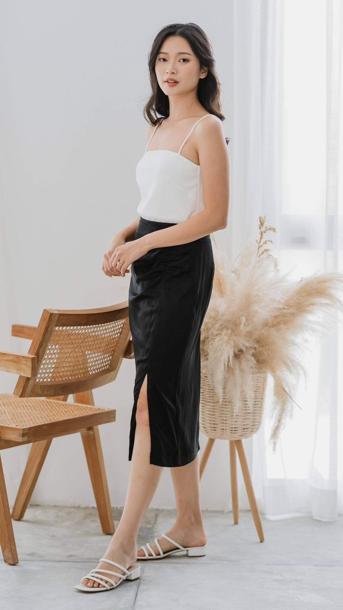 Thea Slit Midi Satin Skirt in Black [ONLINE ONLY]