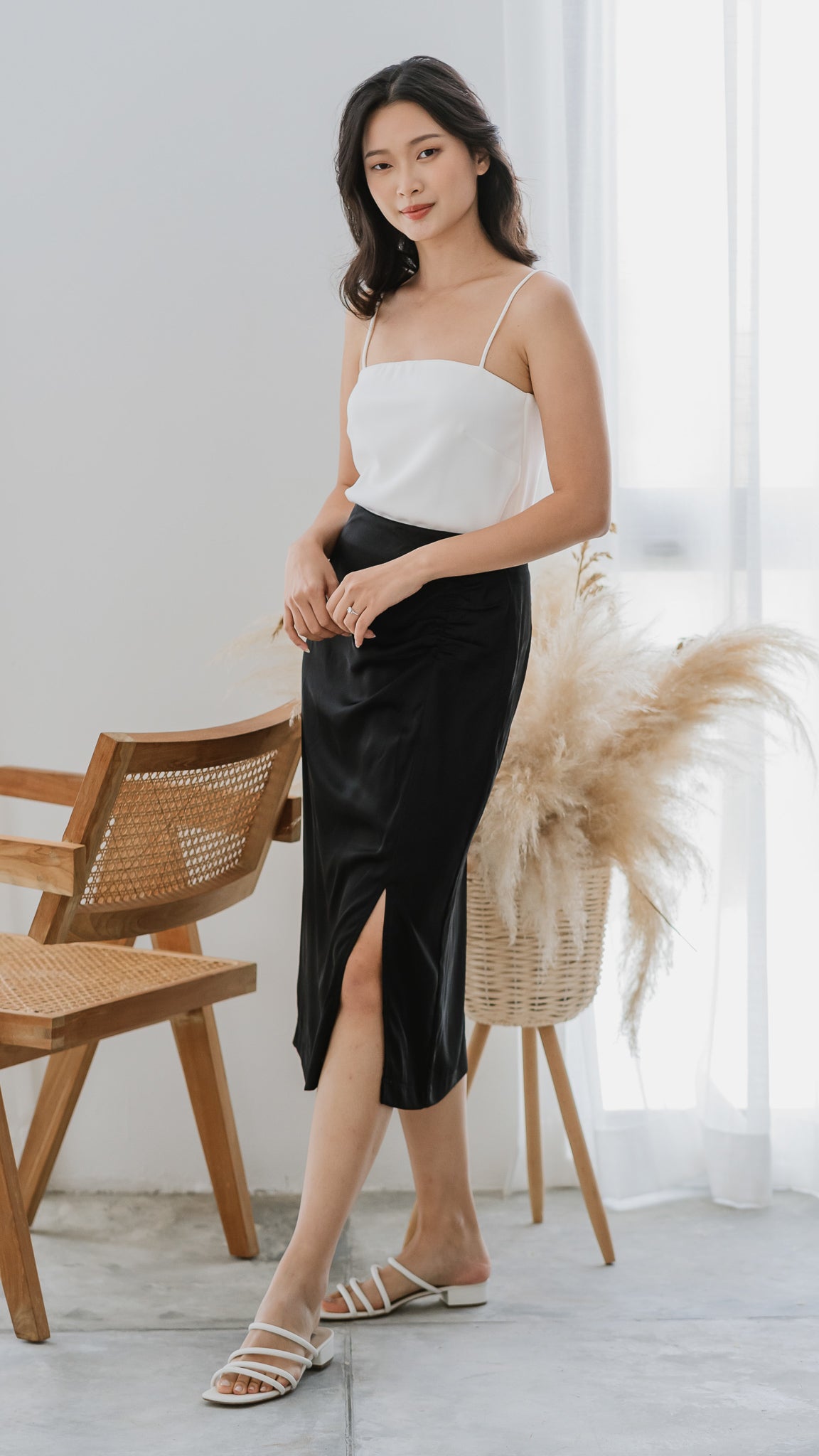 Thea Slit Midi Satin Skirt in Black [ONLINE ONLY]