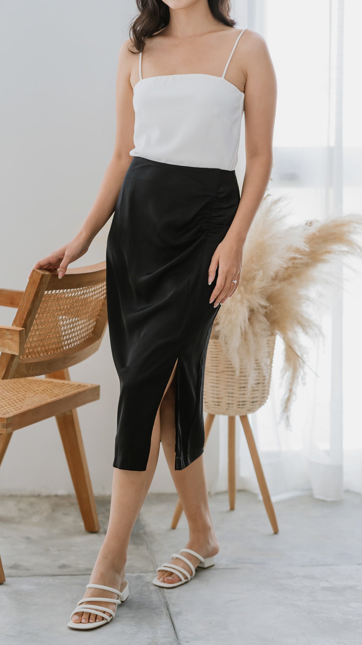 Thea Slit Midi Satin Skirt in Black [ONLINE ONLY]