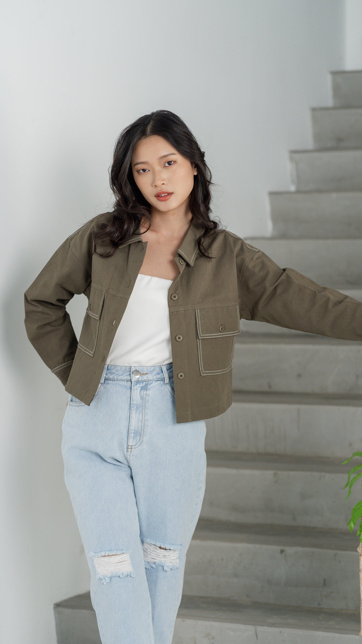 Maida Contrast Stitch Jacket in Army Green