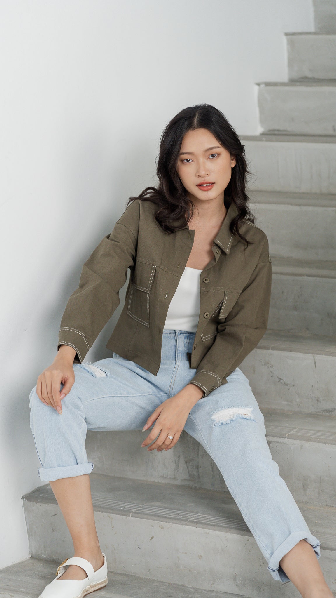 Maida Contrast Stitch Jacket in Army Green