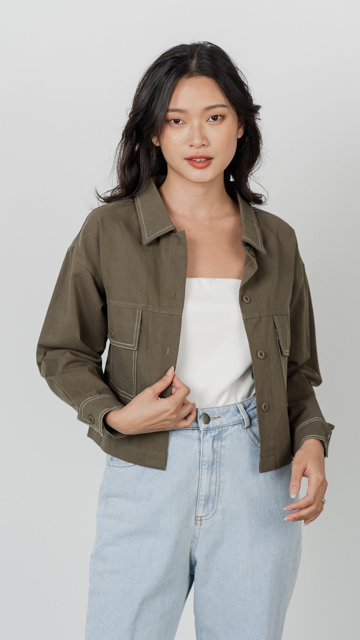 Maida Contrast Stitch Jacket in Army Green