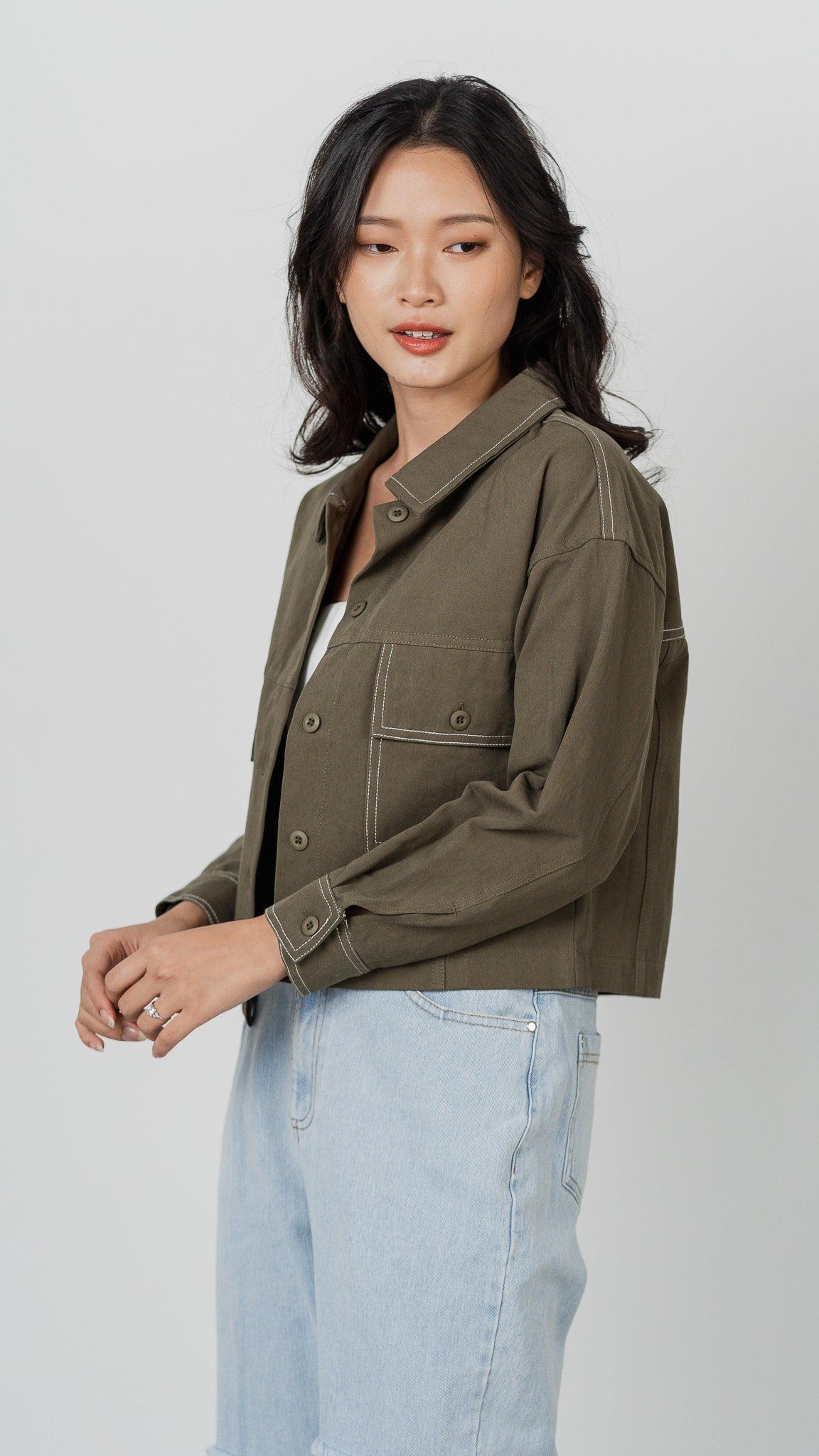 Maida Contrast Stitch Jacket in Army Green