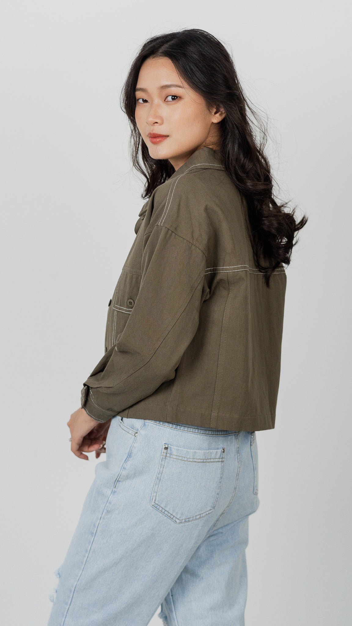 Maida Contrast Stitch Jacket in Army Green