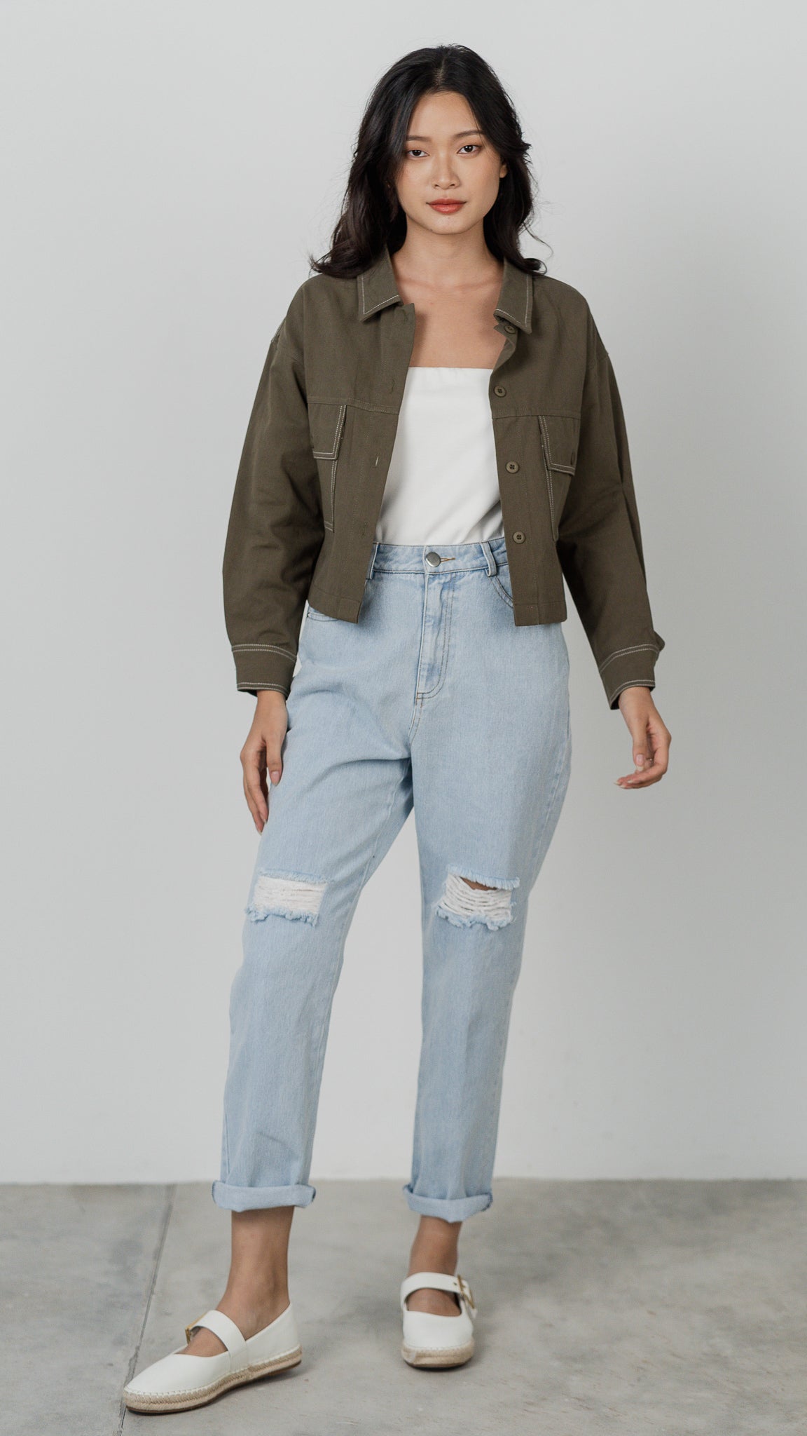 Maida Contrast Stitch Jacket in Army Green