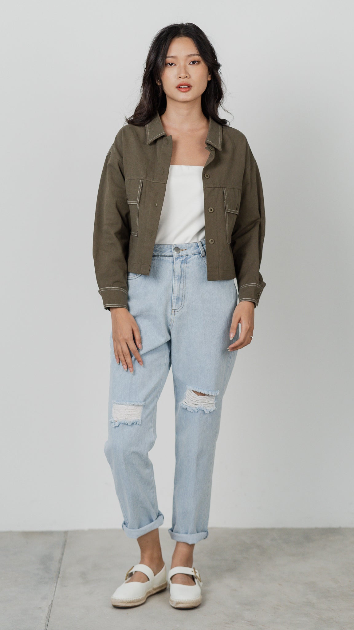 Maida Contrast Stitch Jacket in Army Green