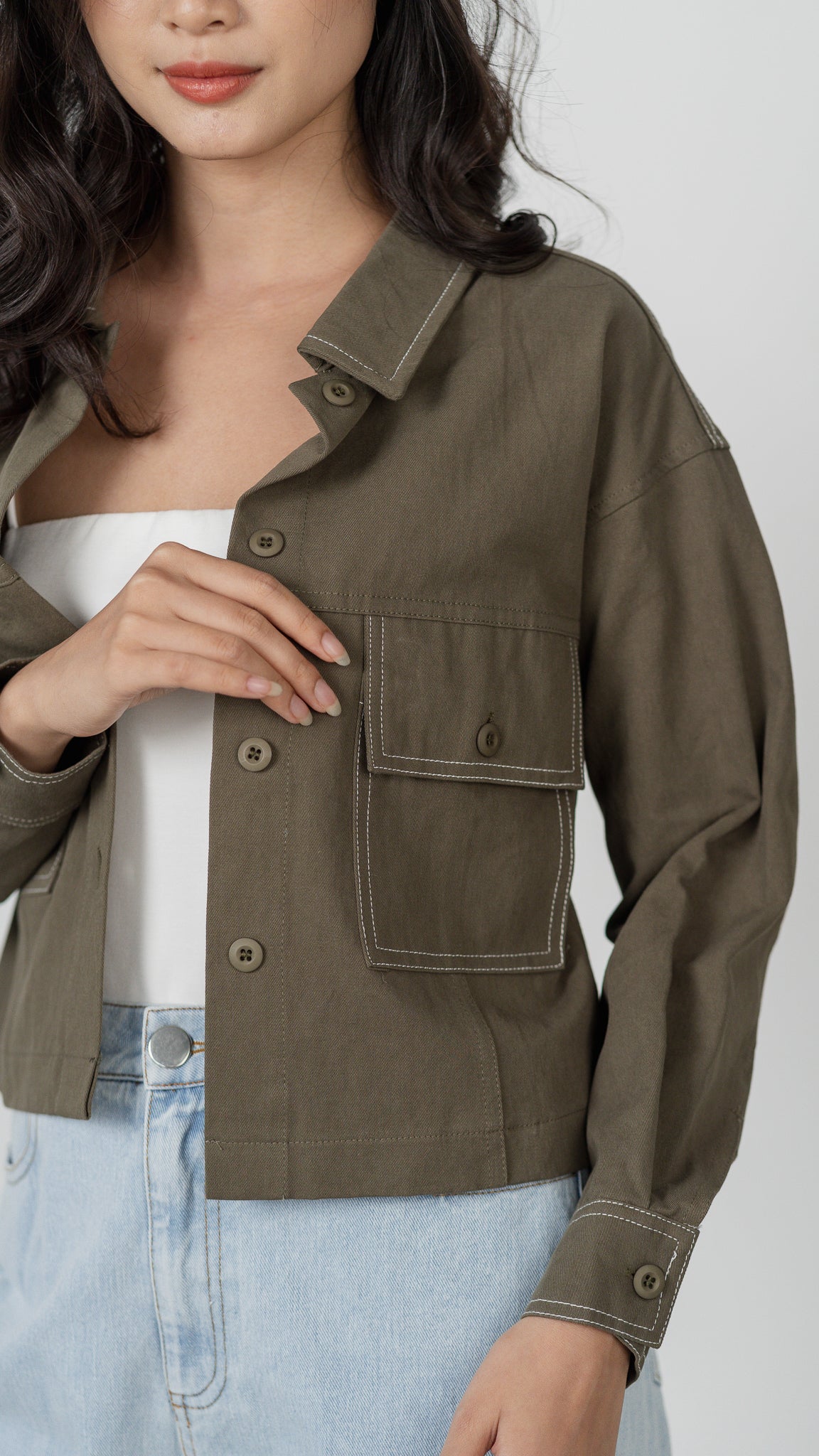 Maida Contrast Stitch Jacket in Army Green