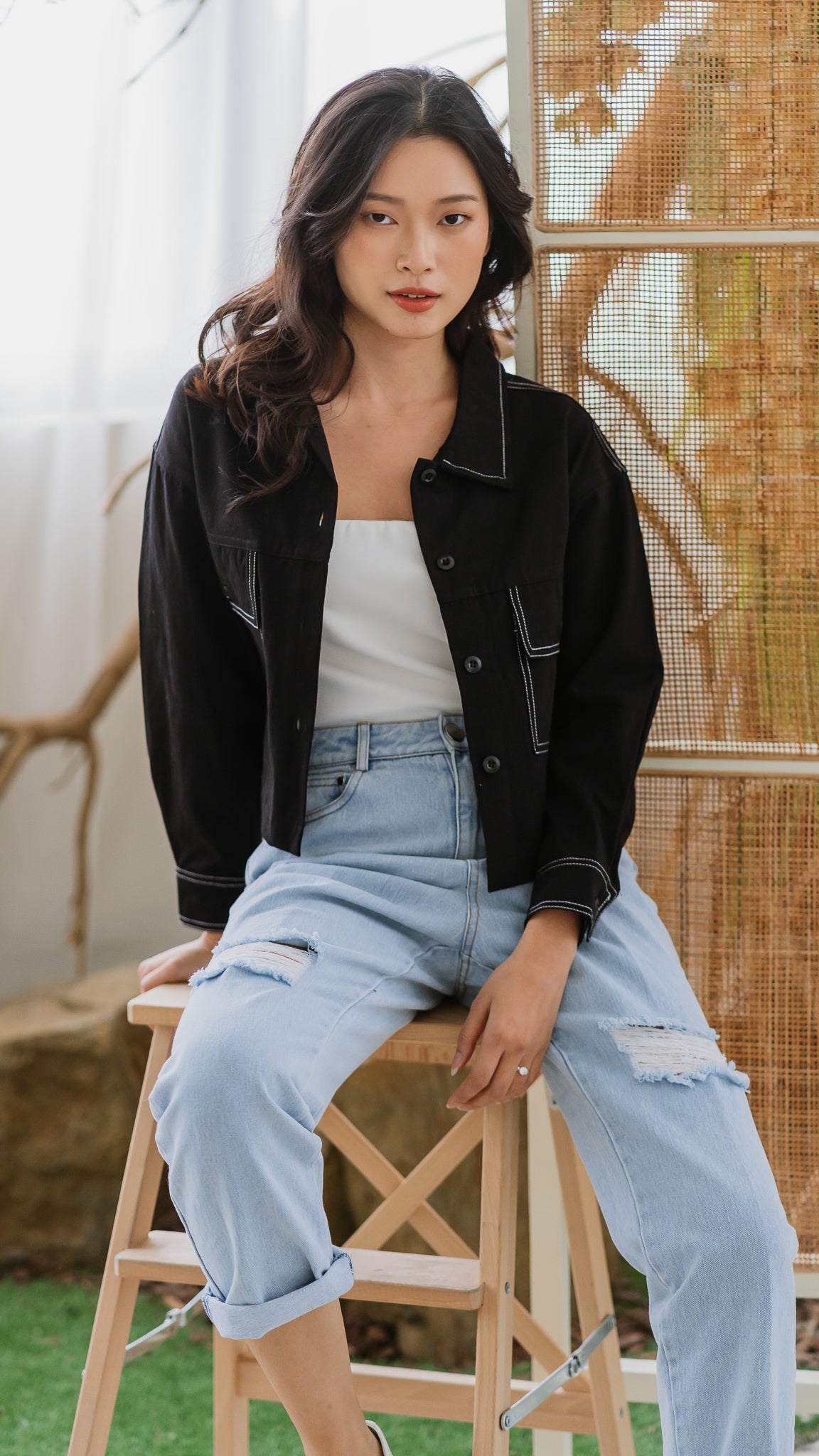 Maida Contrast Stitch Jacket in Black - Main Image