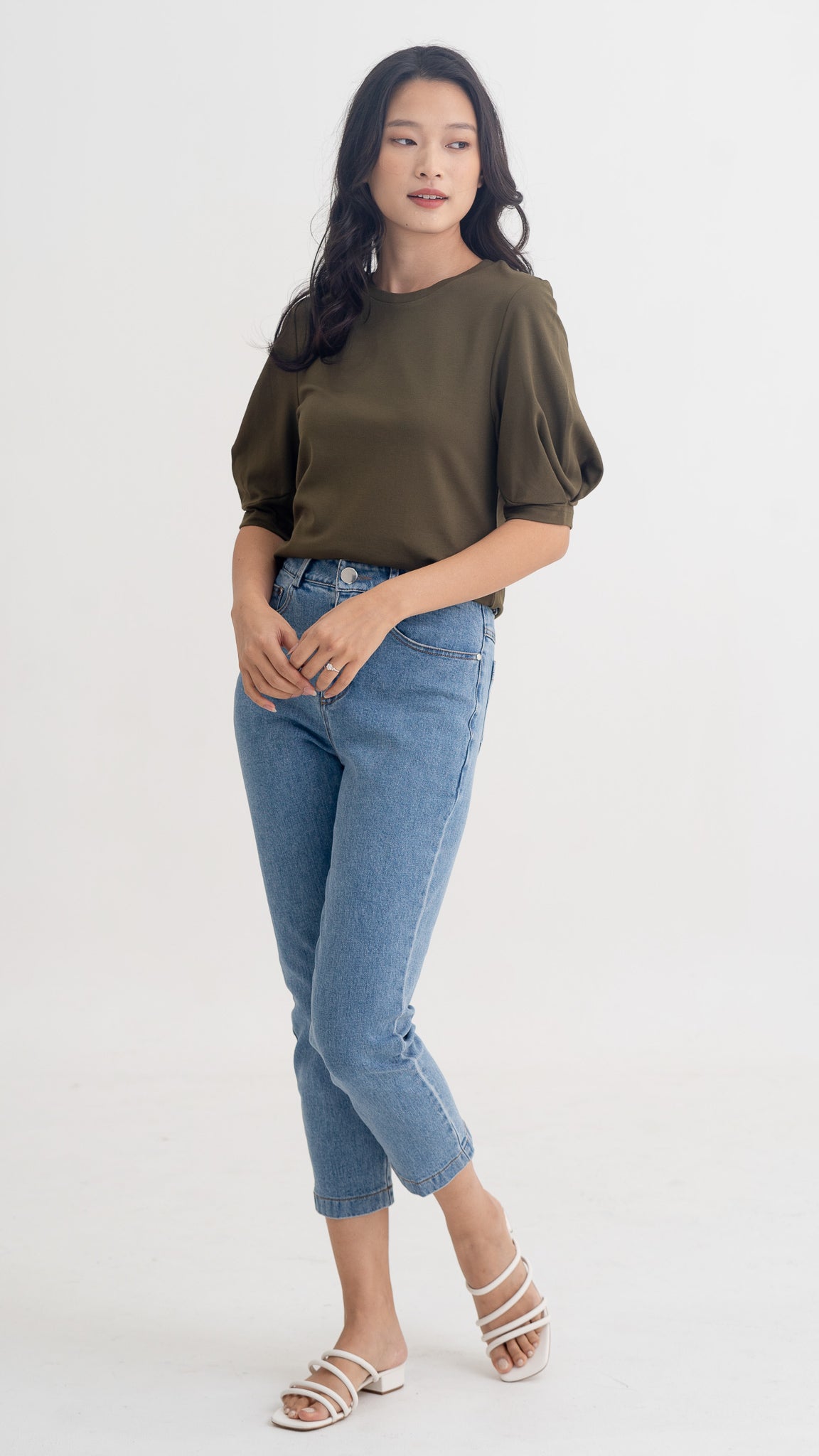 Claudine Puff Sleeve Roma Blouse in Army Green [ONLINE ONLY]