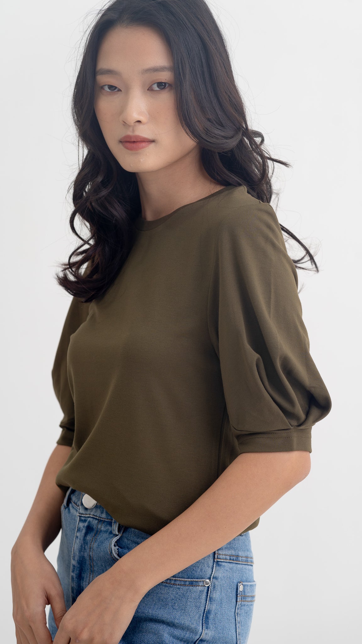 Claudine Puff Sleeve Roma Blouse in Army Green [ONLINE ONLY]