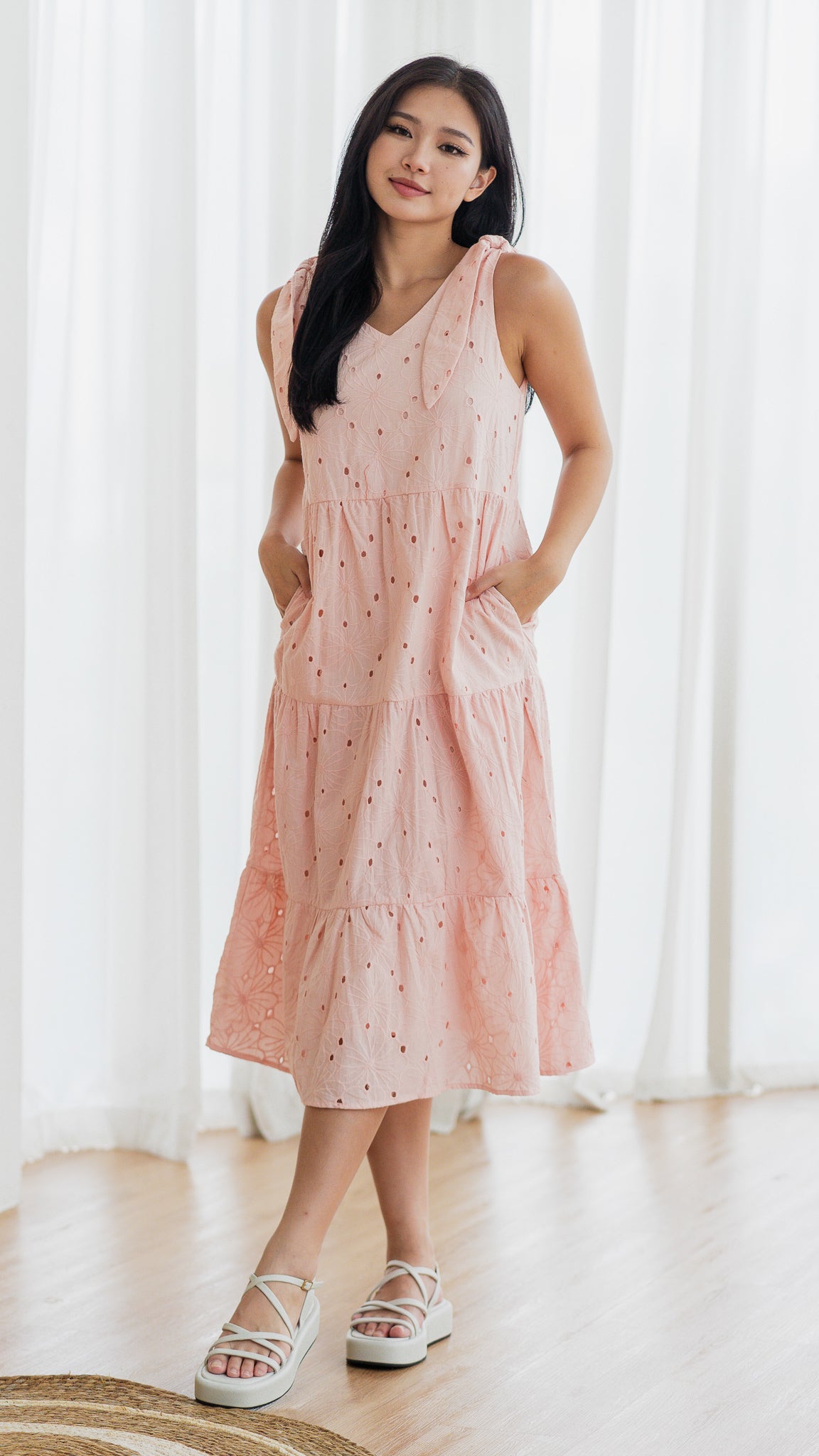 Jemma Broderie Tiered Midi Dress in Pink [ONLINE ONLY]
