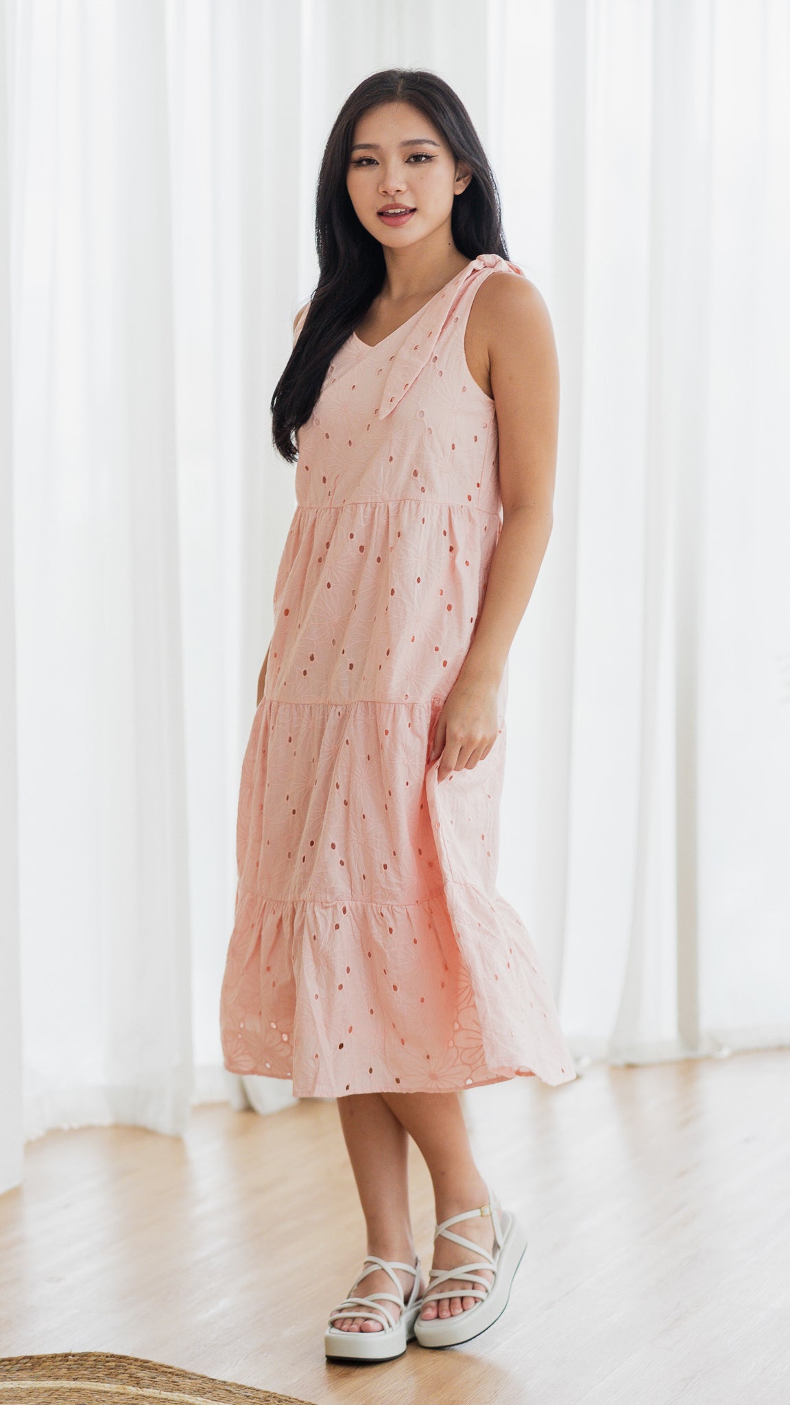 Jemma Broderie Tiered Midi Dress in Pink [ONLINE ONLY]