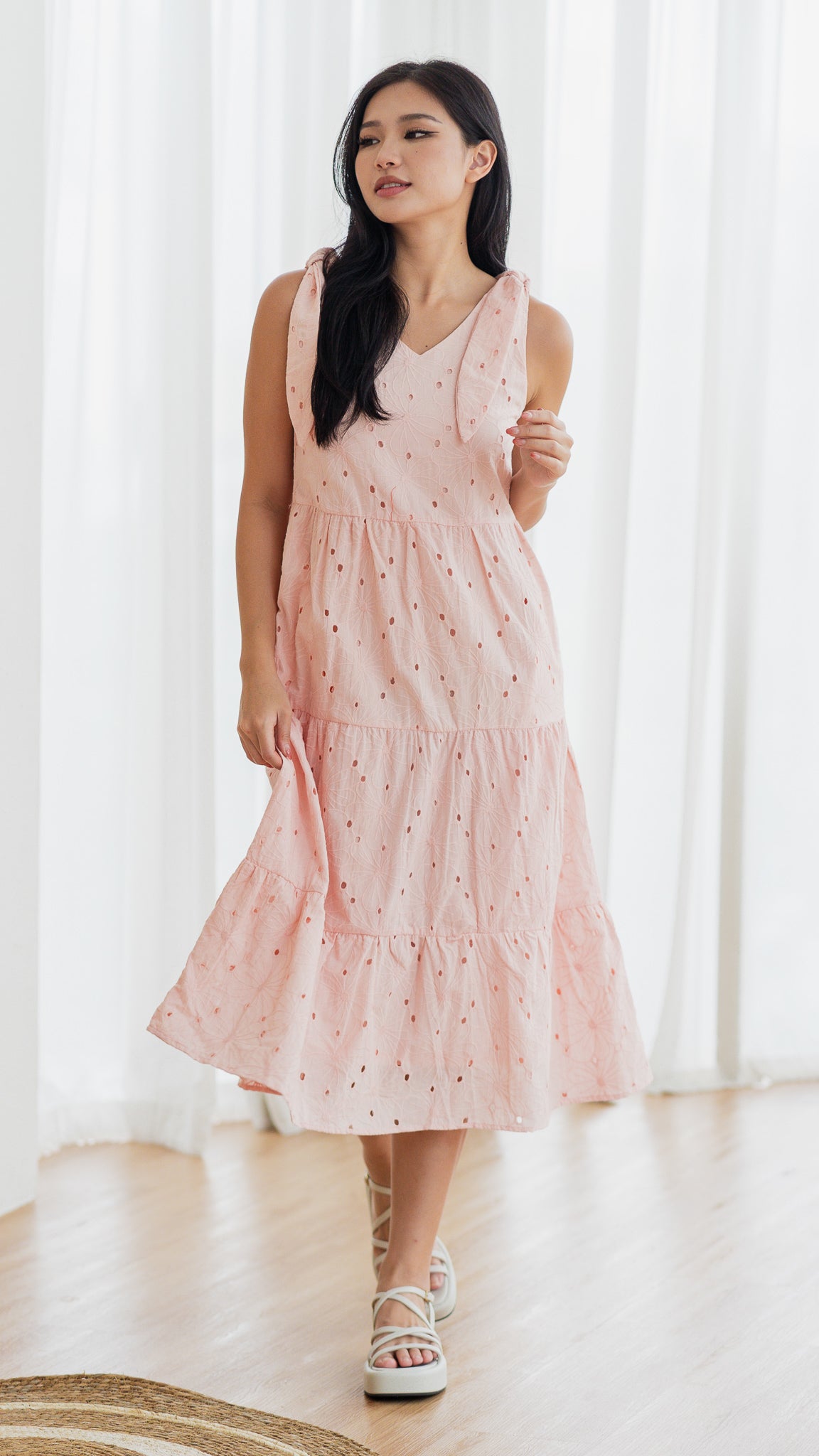 Jemma Broderie Tiered Midi Dress in Pink [ONLINE ONLY]