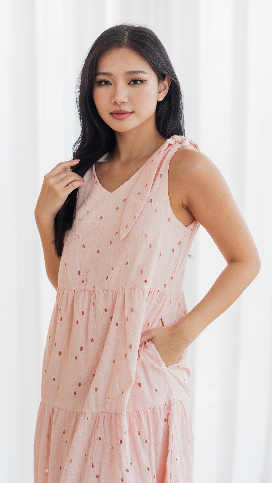 Jemma Broderie Tiered Midi Dress in Pink [ONLINE ONLY]