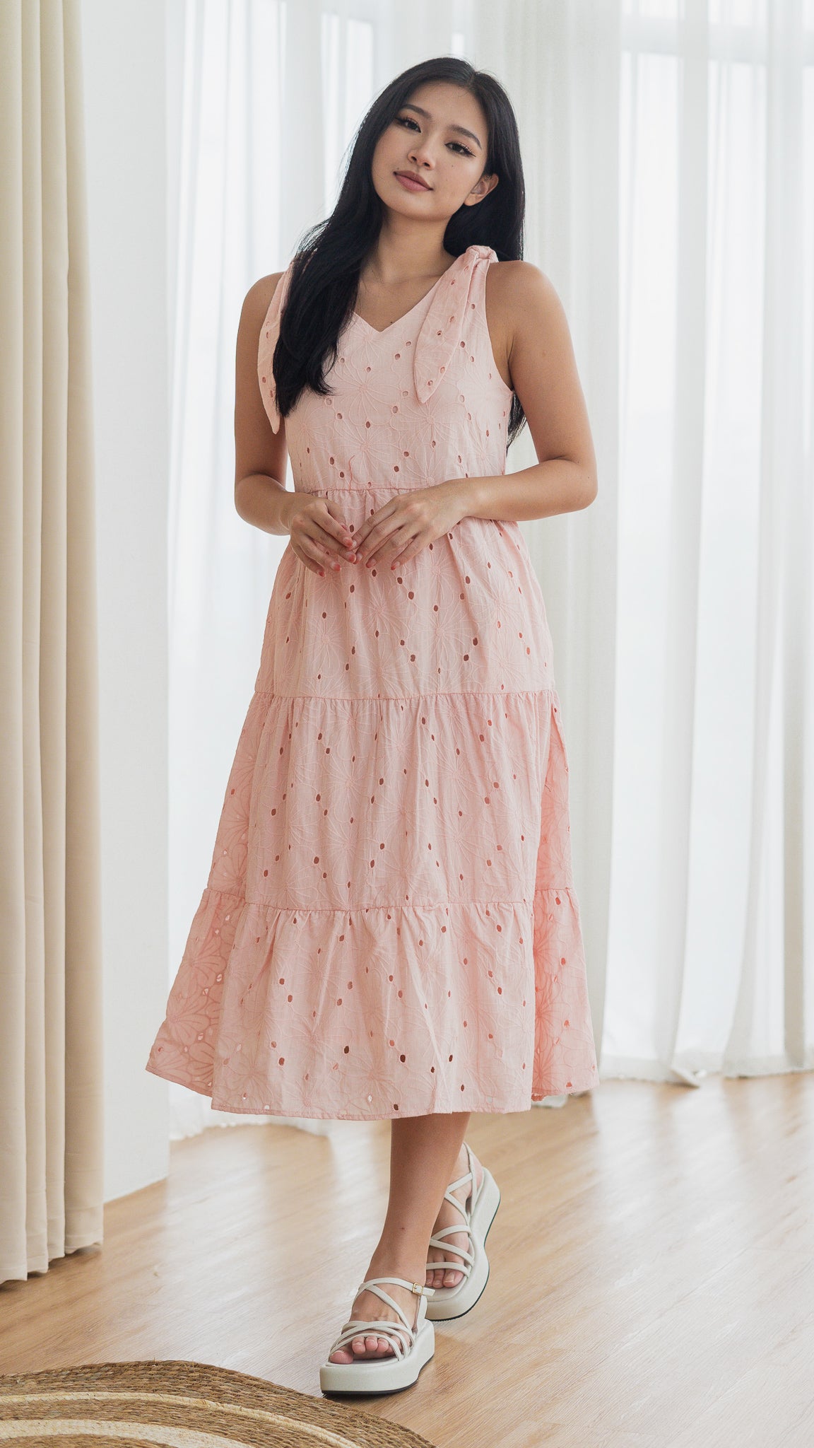 Jemma Broderie Tiered Midi Dress in Pink [ONLINE ONLY]