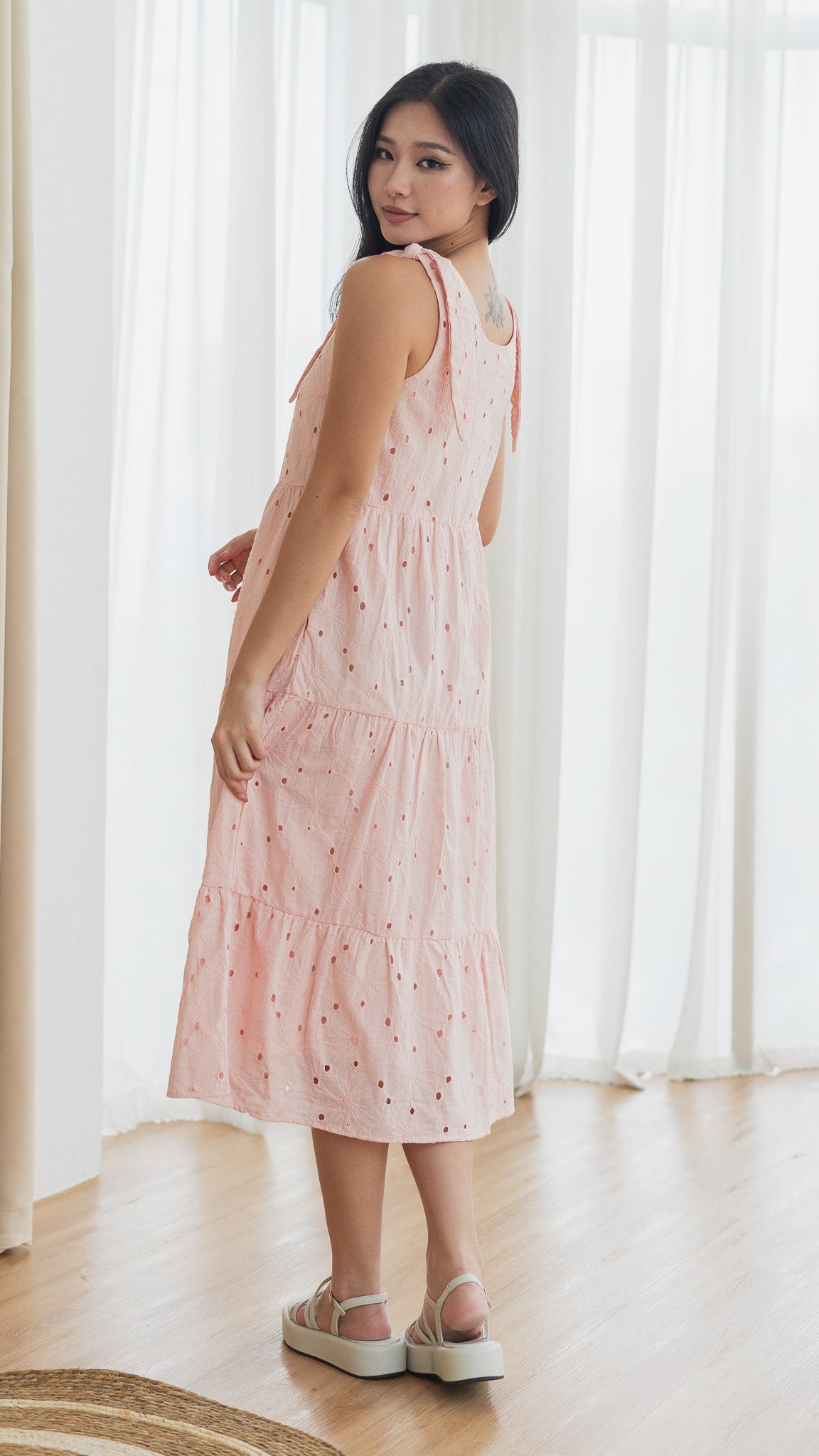 Jemma Broderie Tiered Midi Dress in Pink [ONLINE ONLY]