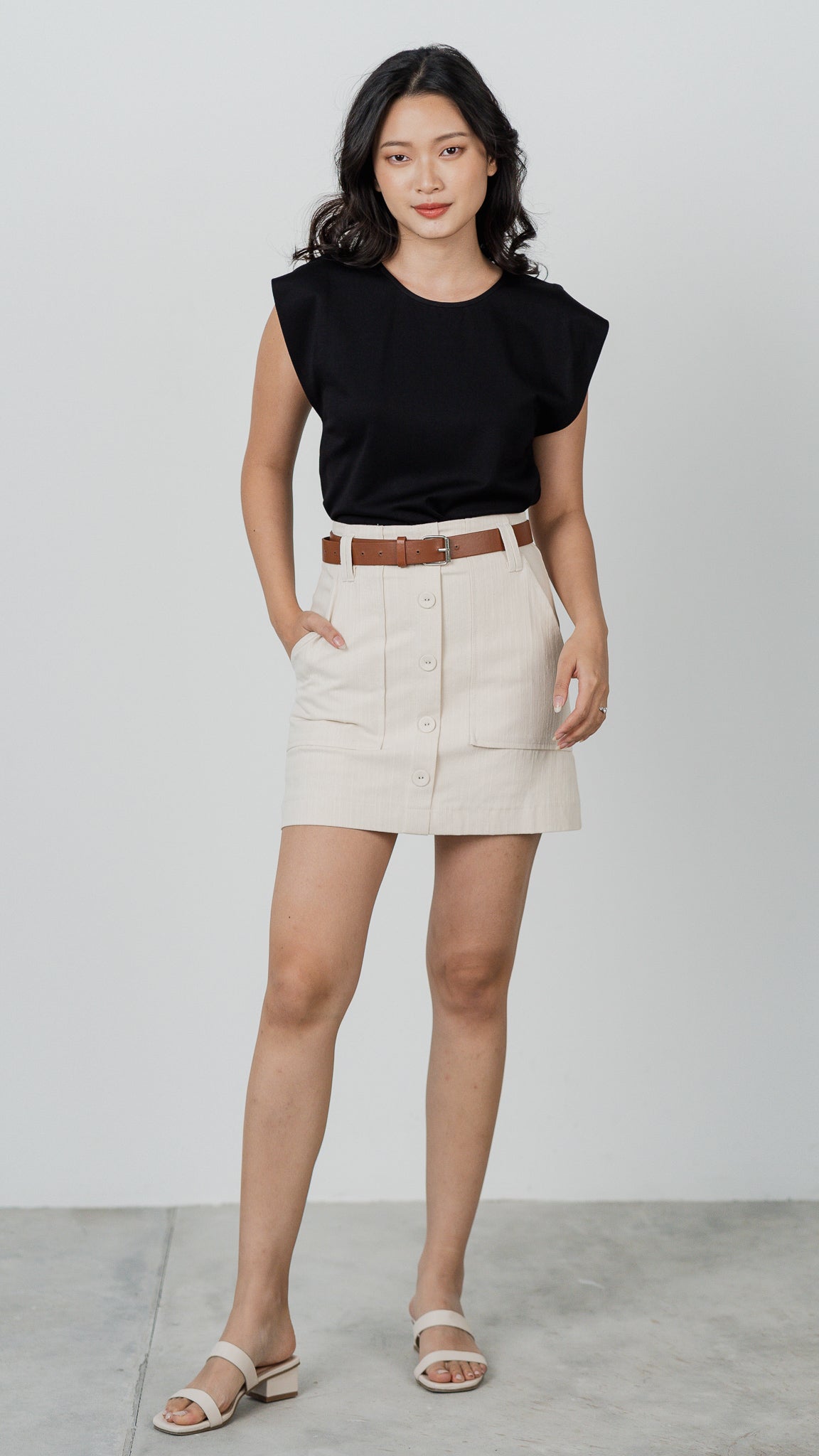 Nicole Linen Blend Skirt with Belt in Beige [ONLINE ONLY]