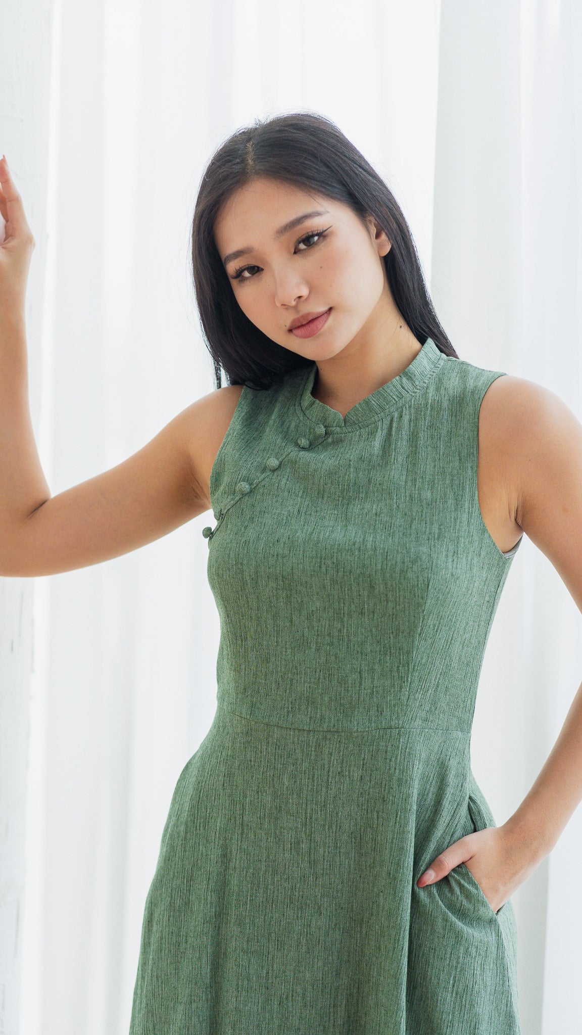 Evie Cheongsam Skater Dress in Green